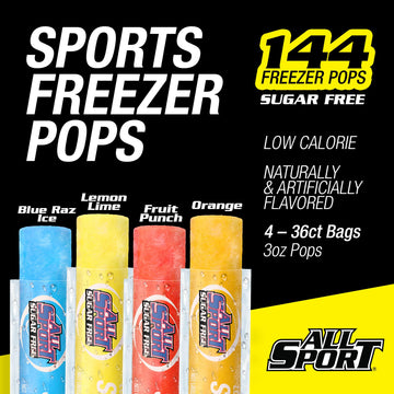 All Sport Sugar-Free - Freezer Pops, Giant Sized 3oz, 144 CT Refreshing Ice Pops with Electrolytes, B Vitamins & Potassium -Blue