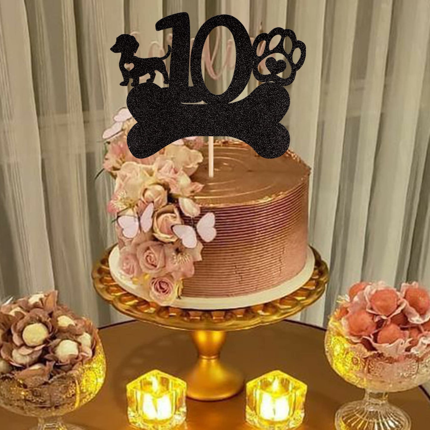 1 Pcs 10Th Birthday Cake Topper Black Glitter Dog Paw Ten Years Old Birthday Puppy Dog Bone Cake Pick For Let'S Pawty Baby Showe