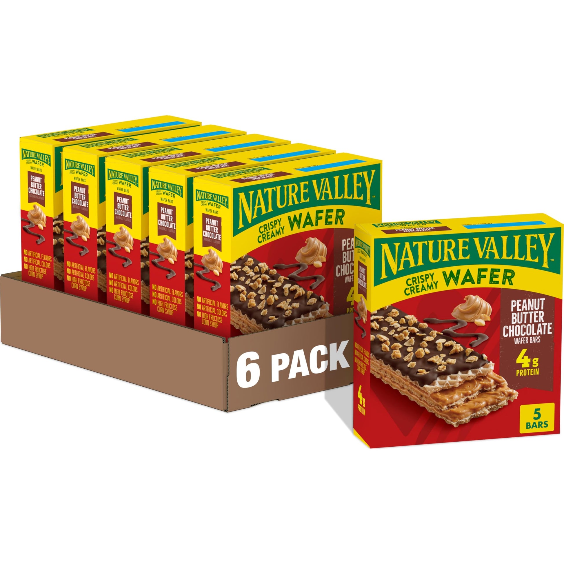 Nature Valley Wafer Bars, Peanut Butter Chocolate, 5 Bars per Box, 6.5 oz, Pack of 6, Crispy Wafer Texture, Peanut Butter Layers