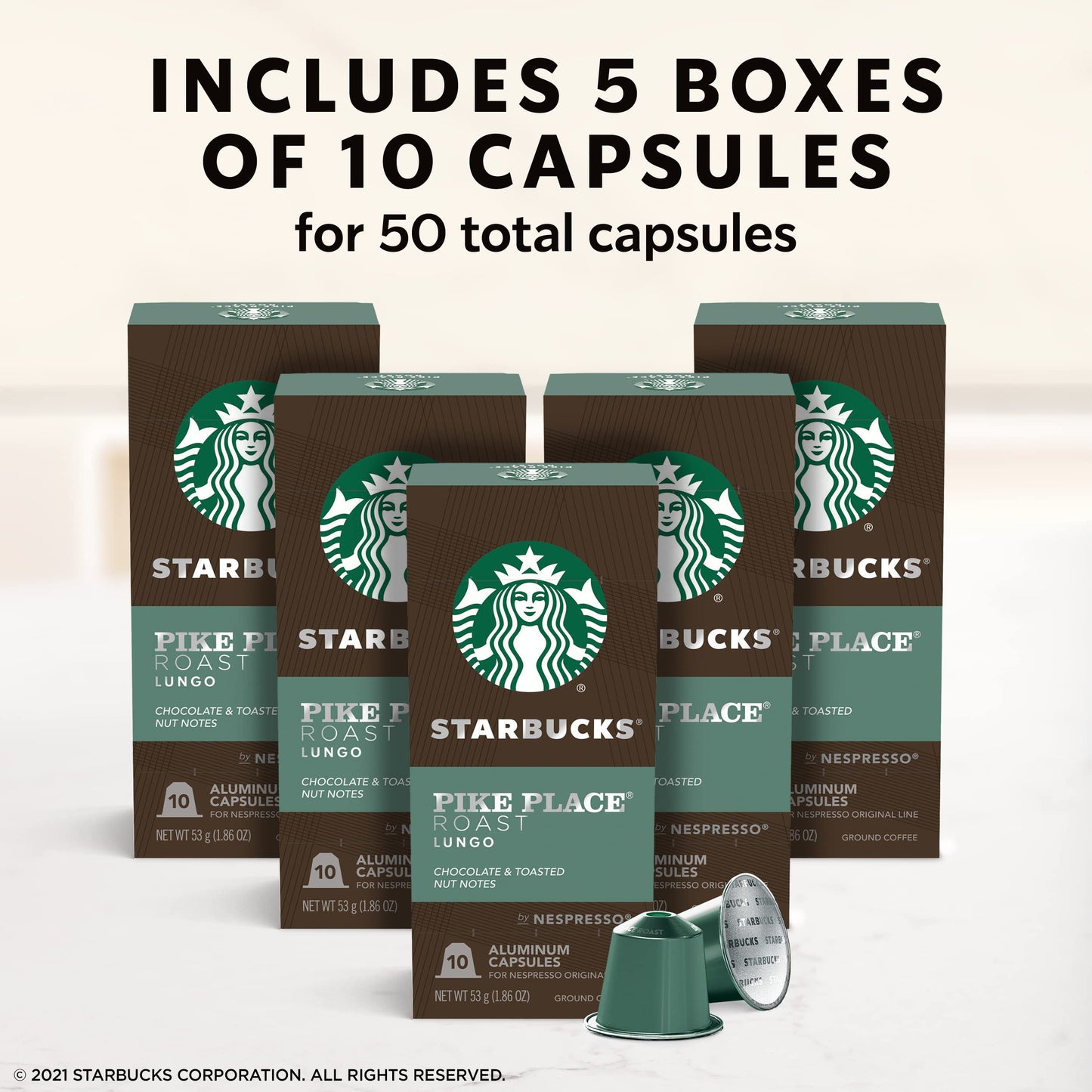 Starbucks By Nespresso Original Line, Pike Place, Medium Roast Coffee, 50-Count Espresso Pods