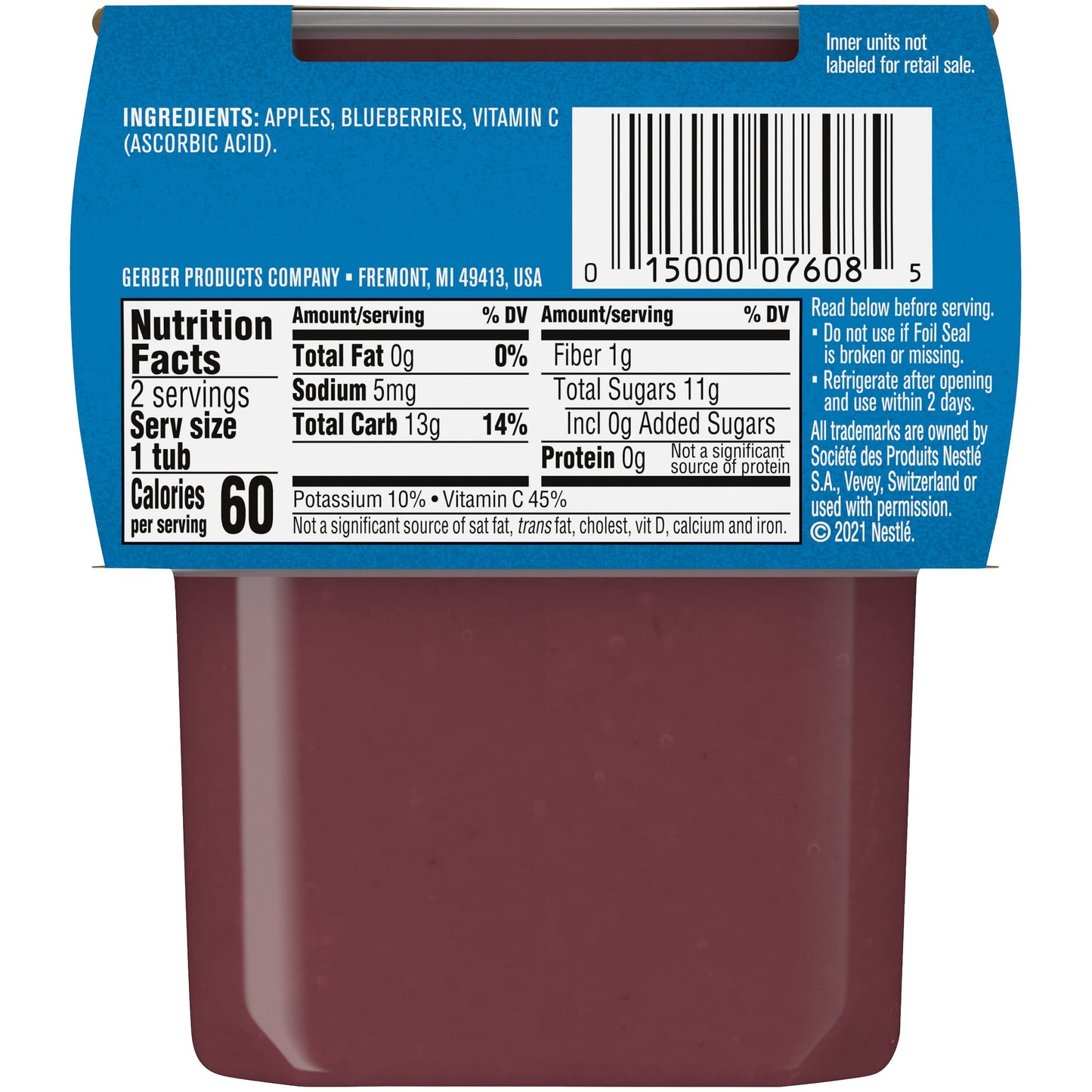 Gerber Baby Food Apple Blueberry, 4 Oz, 2 Ct Tubs
