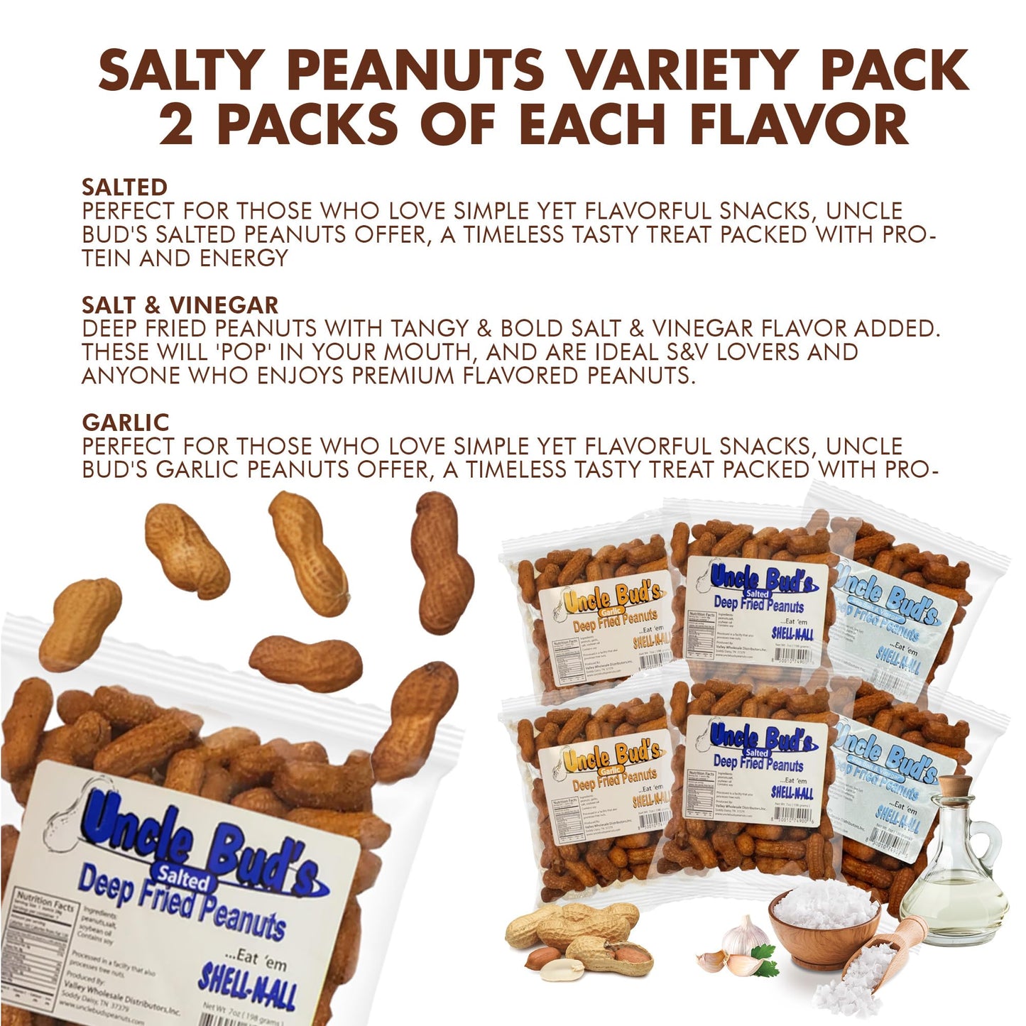 Jerky-n-Spice Uncle Buds Deep Fried Peanuts In Shell, Salted, High-Protein Snack, 42 Ounce, 6 Pack