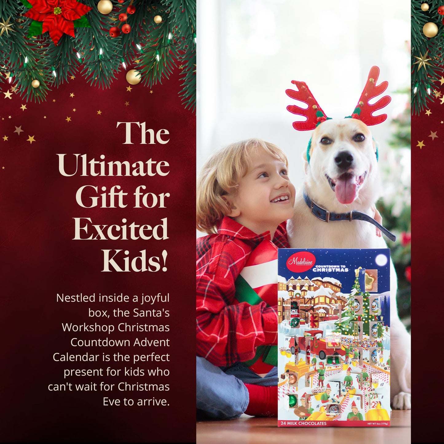 Madelaine Christmas Countdown Advent Calendar - 2023 Edition, 6 oz Solid Milk Chocolate, 24 Chocolates, Pack of 2