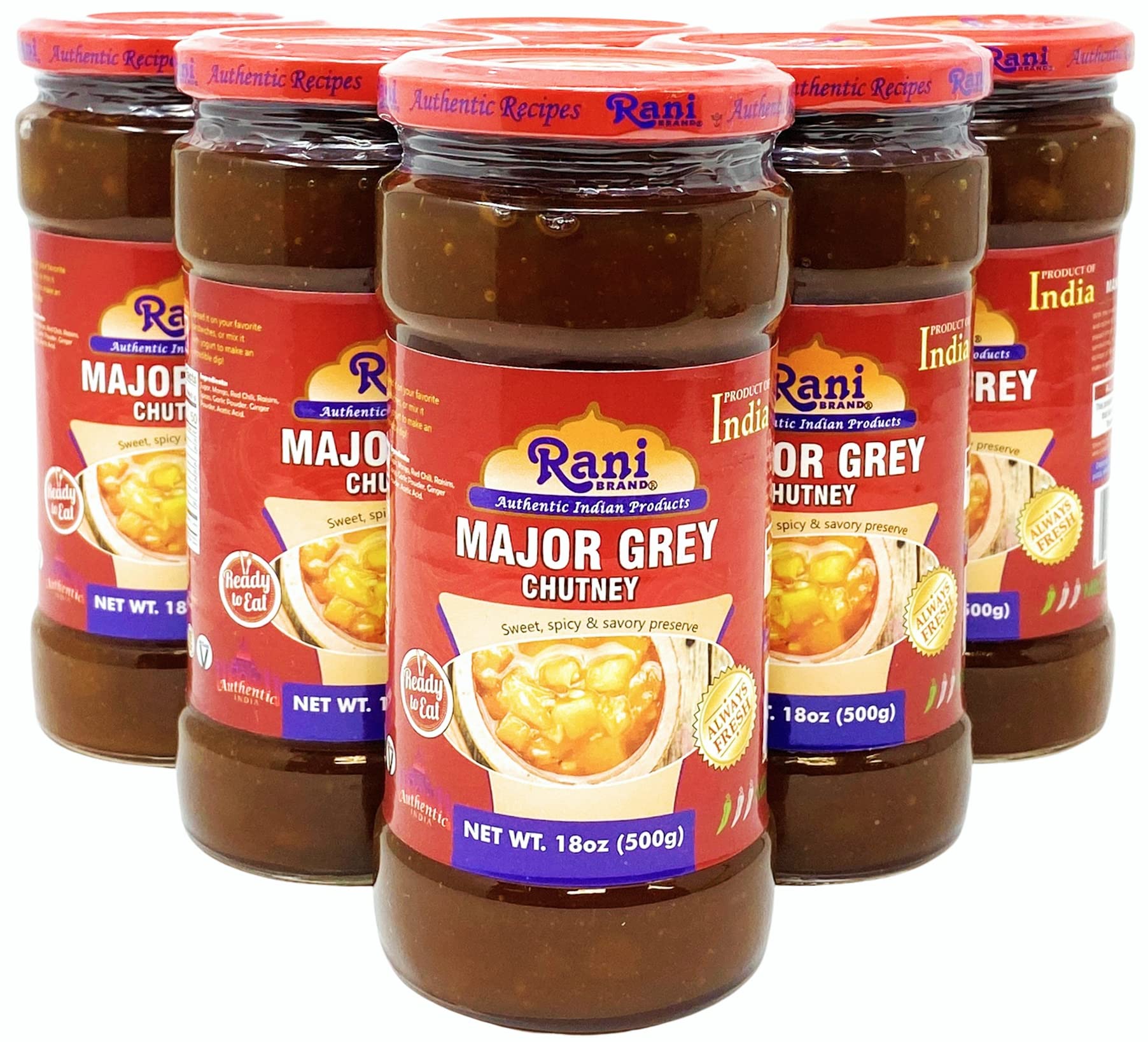 Rani Major Grey Mango Chutney (Indian Preserve) 18oz (1.1lbs) 500g Glass Jar, Ready to eat, Vegan, Pack of 5+1 FREE ~ Gluten Fre