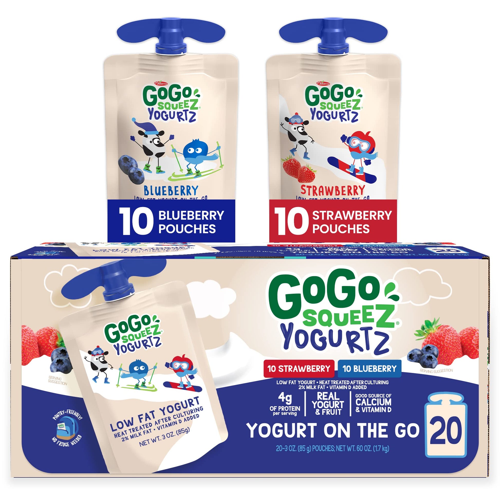 GoGo squeeZ yogurtZ Variety Pack, Blueberry, Strawberry 3 oz (20 Pouches) - Kids Snacks Made from Real Yogurt & Fruit - Pantry F