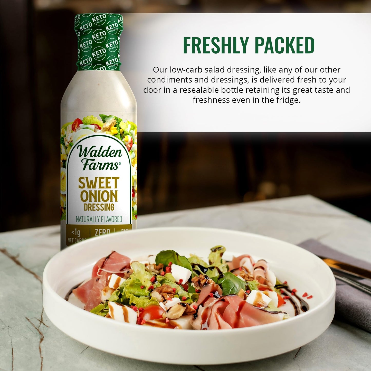 Walden Farms Sweet Onion Dressing - Calorie-Free, Gluten-Free, Low Carb, Keto-Friendly, Sugar-Free, Bold Onion Flavor, (12 Oz Bo