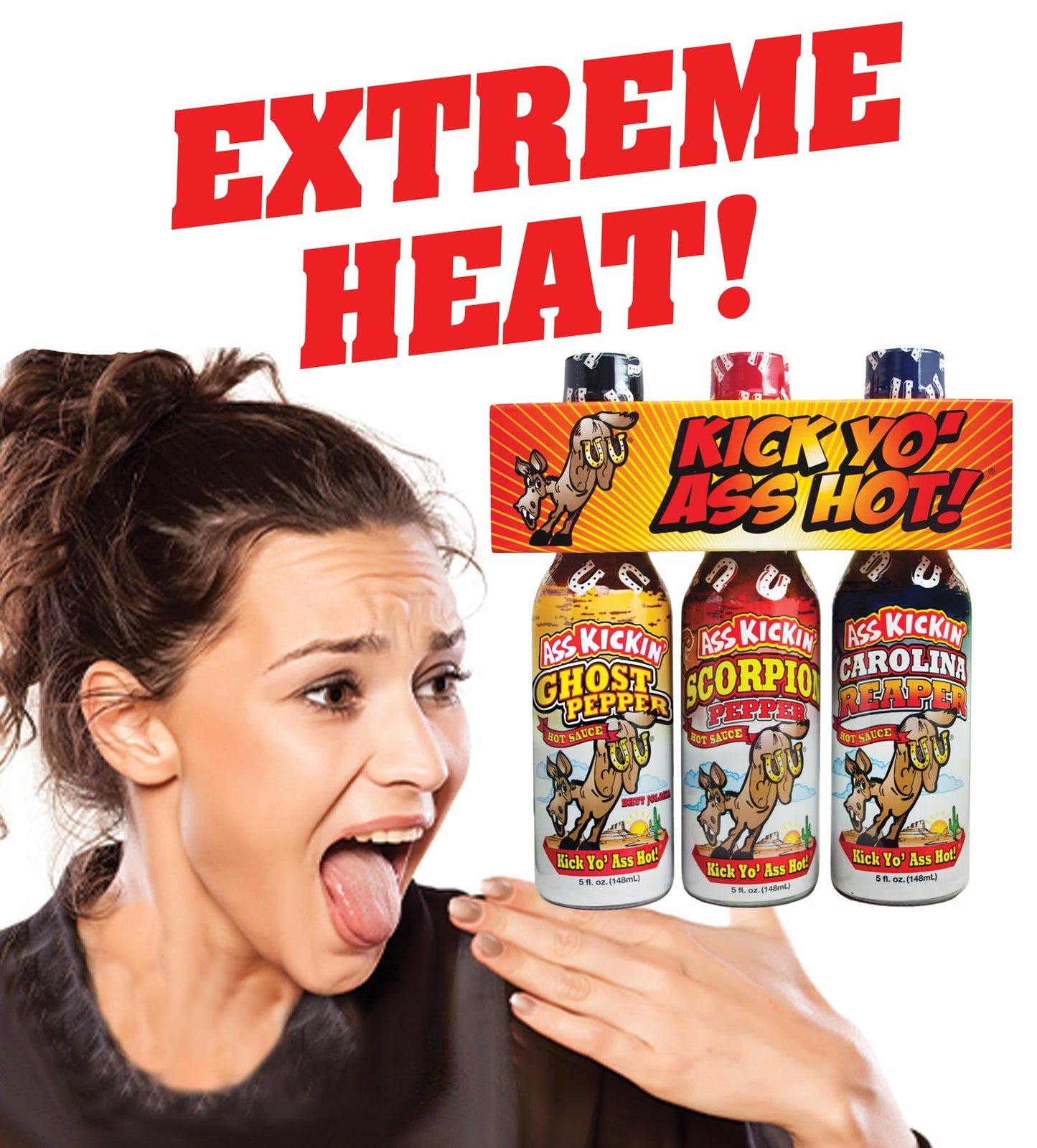 ASS KICKIN Hot Sauce Gift Set - Ghost Pepper, Scorpion, Carolina Reaper - 5 Fl Oz (Pack of 3) - Perfect for Hot Sauce Lovers