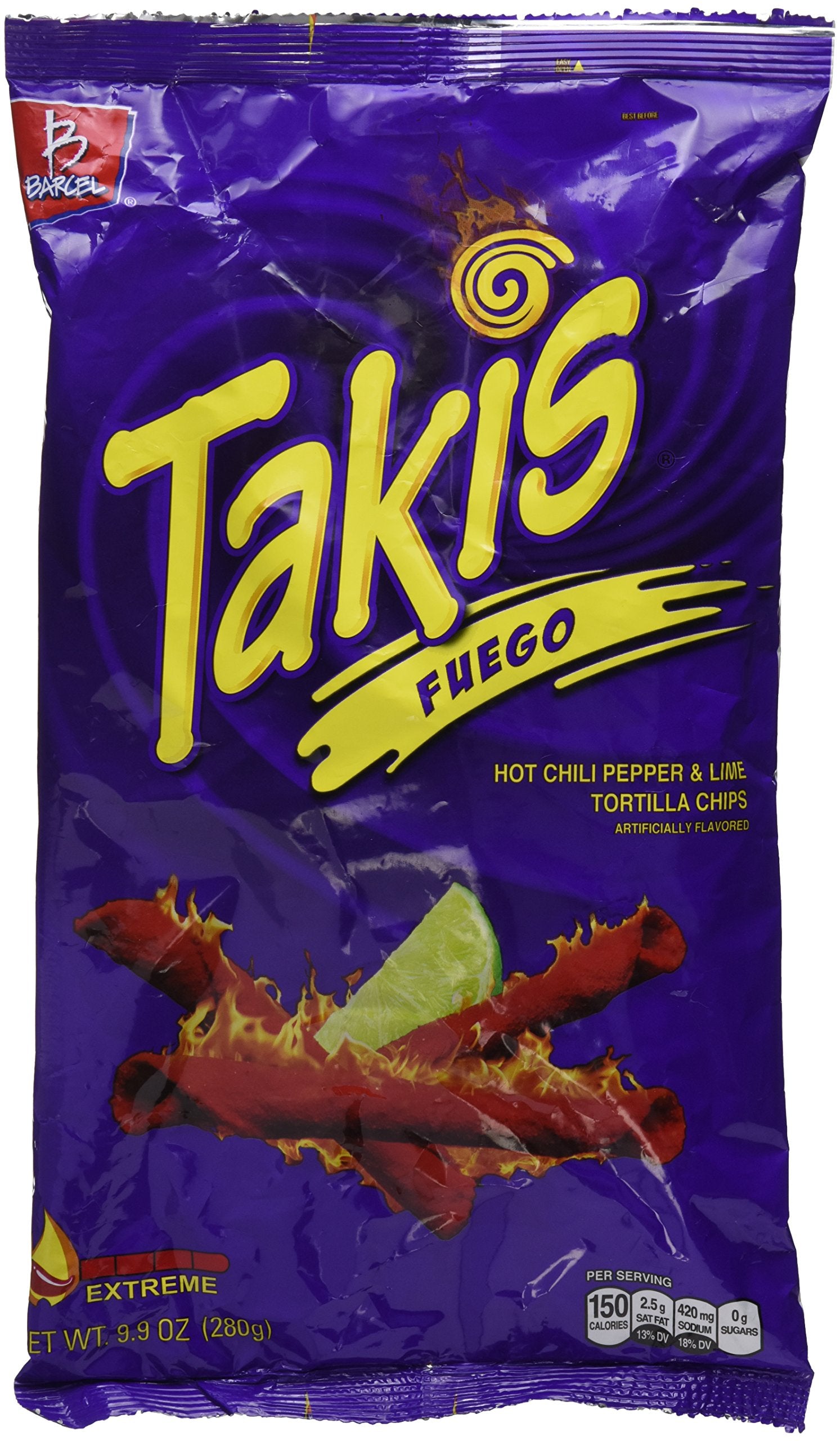 Bracel, Takis, Fuego Hot Chili Pepper & Lime Tortilla Chips, 9.9-Ounce Bag(280g), pack of 2