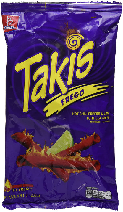 Bracel, Takis, Fuego Hot Chili Pepper & Lime Tortilla Chips, 9.9-Ounce Bag(280g), pack of 2