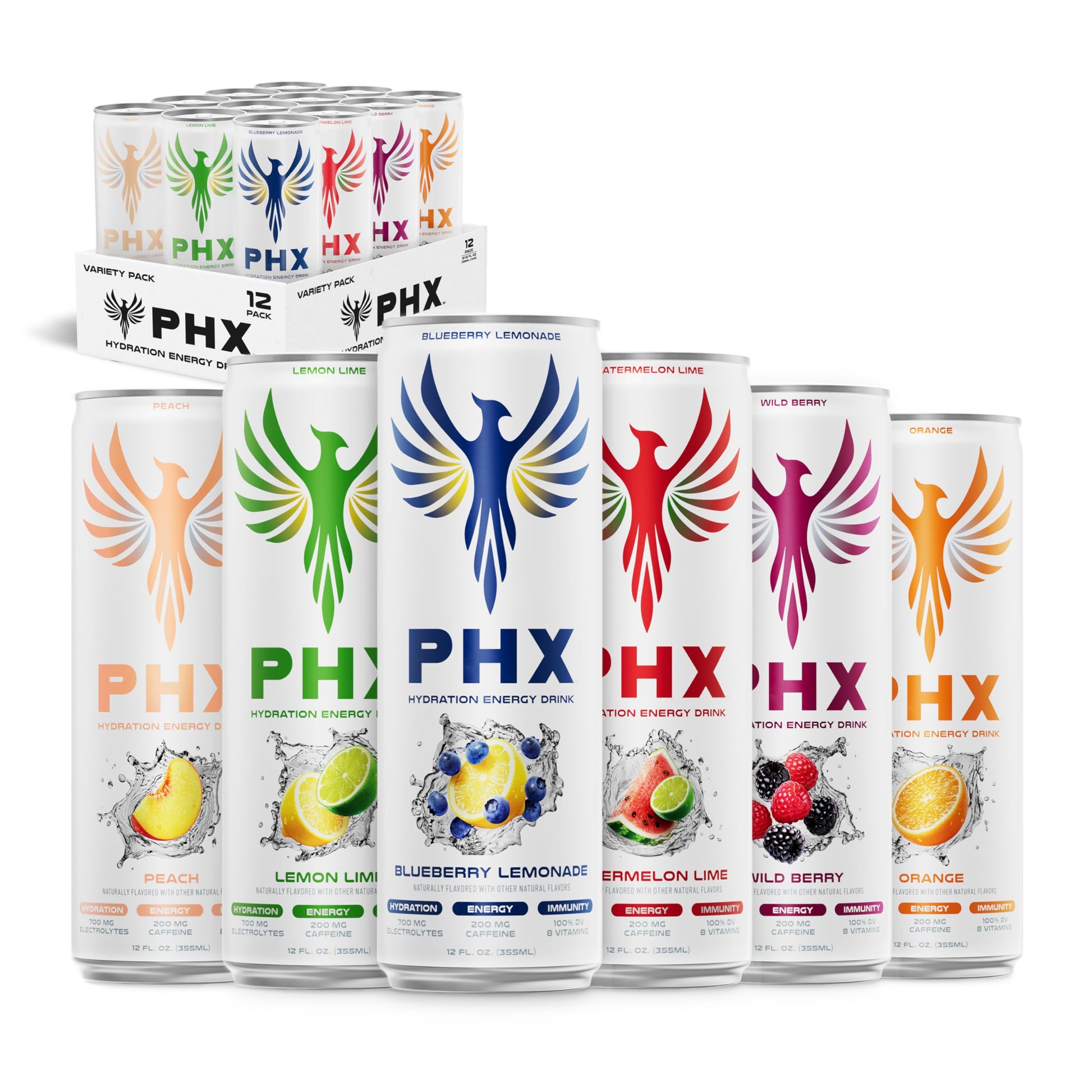PHX Hydration Energy Drink - 700mg Electrolytes  200mg Natural Green Tea Caffeine  100% Daily Value 8 Essential Vitamins - 12 oz Cans (12 Pack) (12 Pack  Variety Pack)