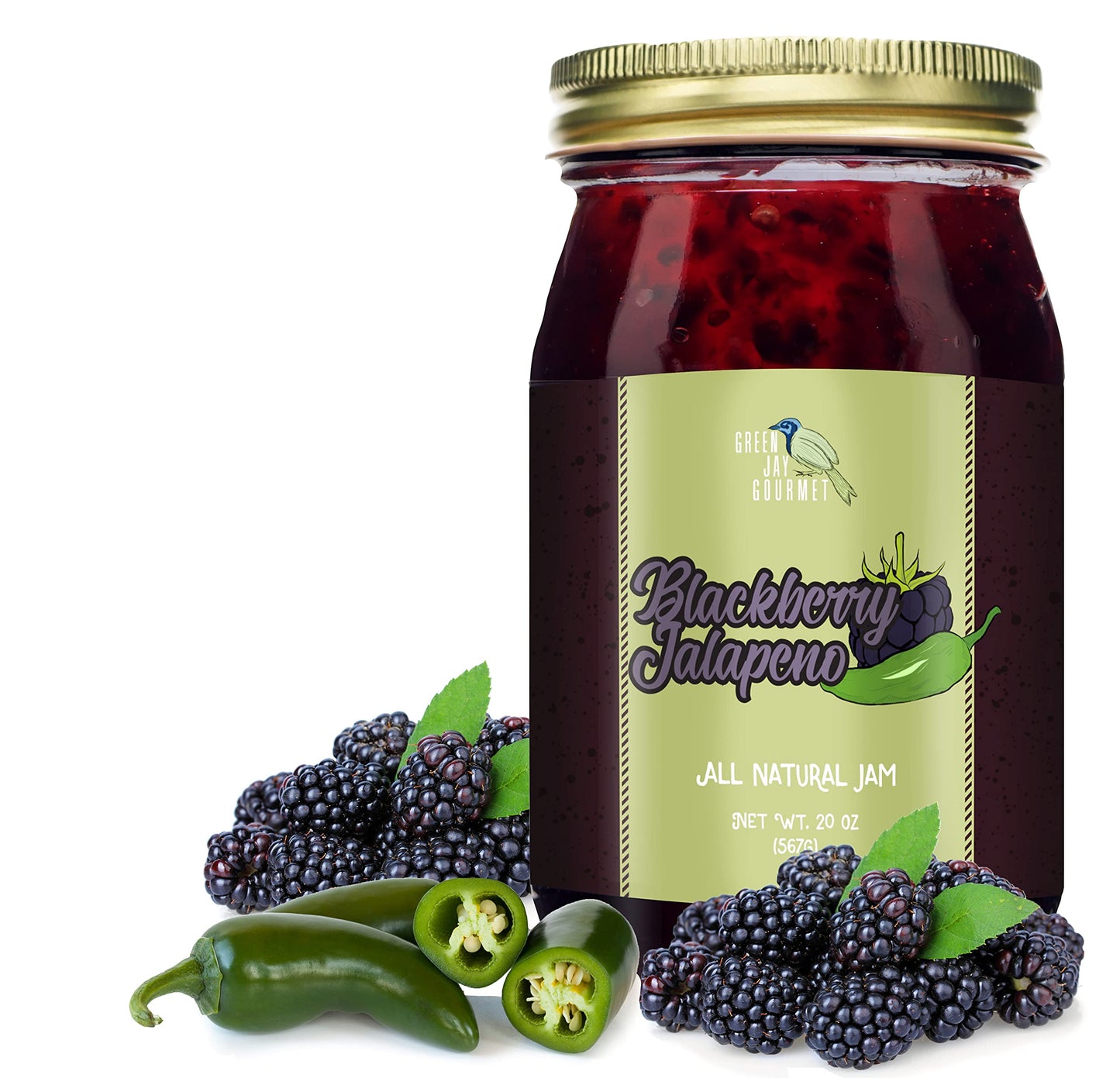 Green Jay Gourmet Blackberry Jalapeo Jam - All-Natural Blackberry Jam with Fresh Blackberries, Jalapeo Peppers & Lemon Juice - V