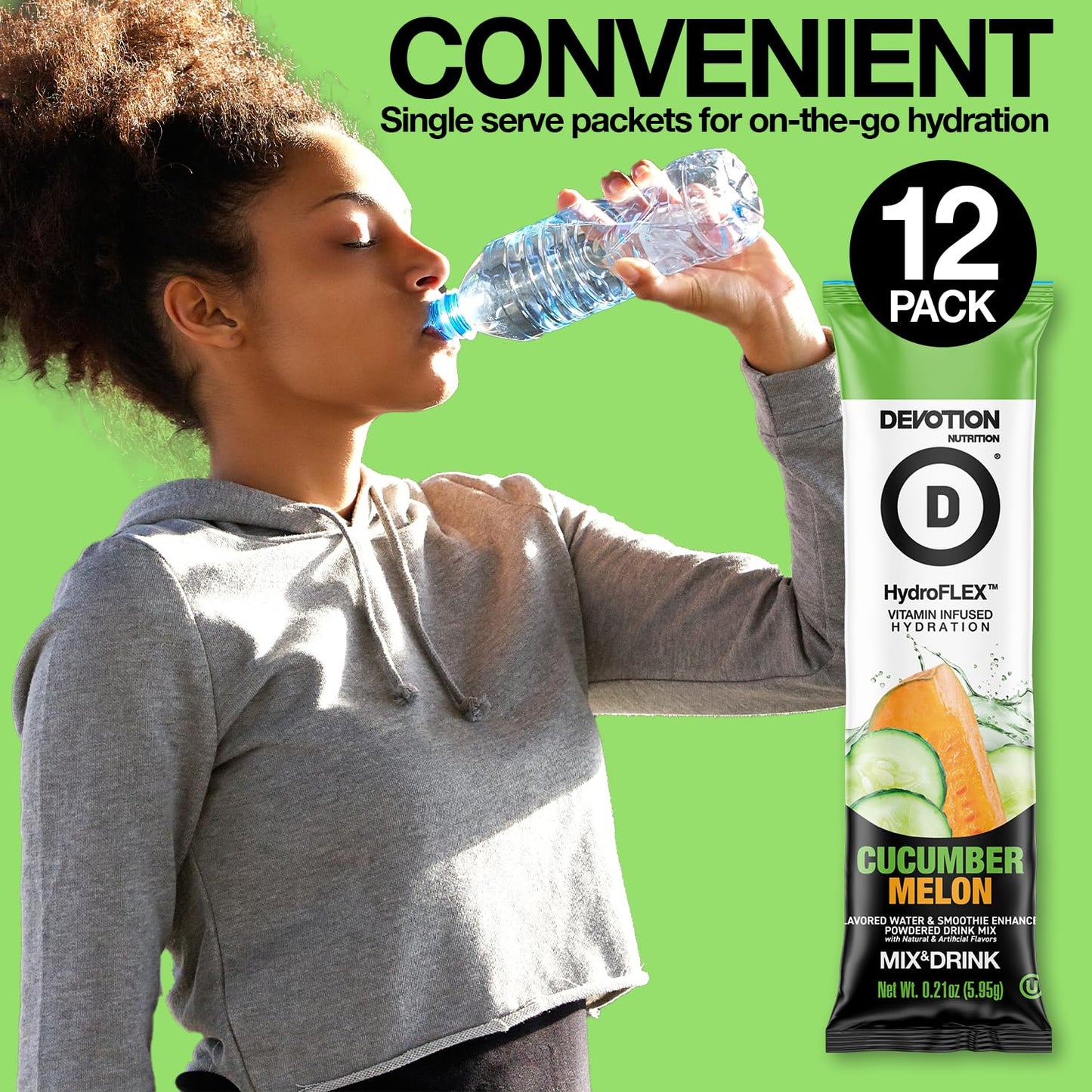 Devotion Nutrition HydroFLEX Water Flavoring Packets – Sugar-Free, Dye-Free, Gluten-Free, Cucumber Melon, 12-Pack, 2.52 Ounce