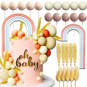Jevenis 26 Pcs Beige Boho Cake Topper Boho Rainbow Cake Decorations Boho Cake Topper Girls Birthday Baby Shower Cake Topper