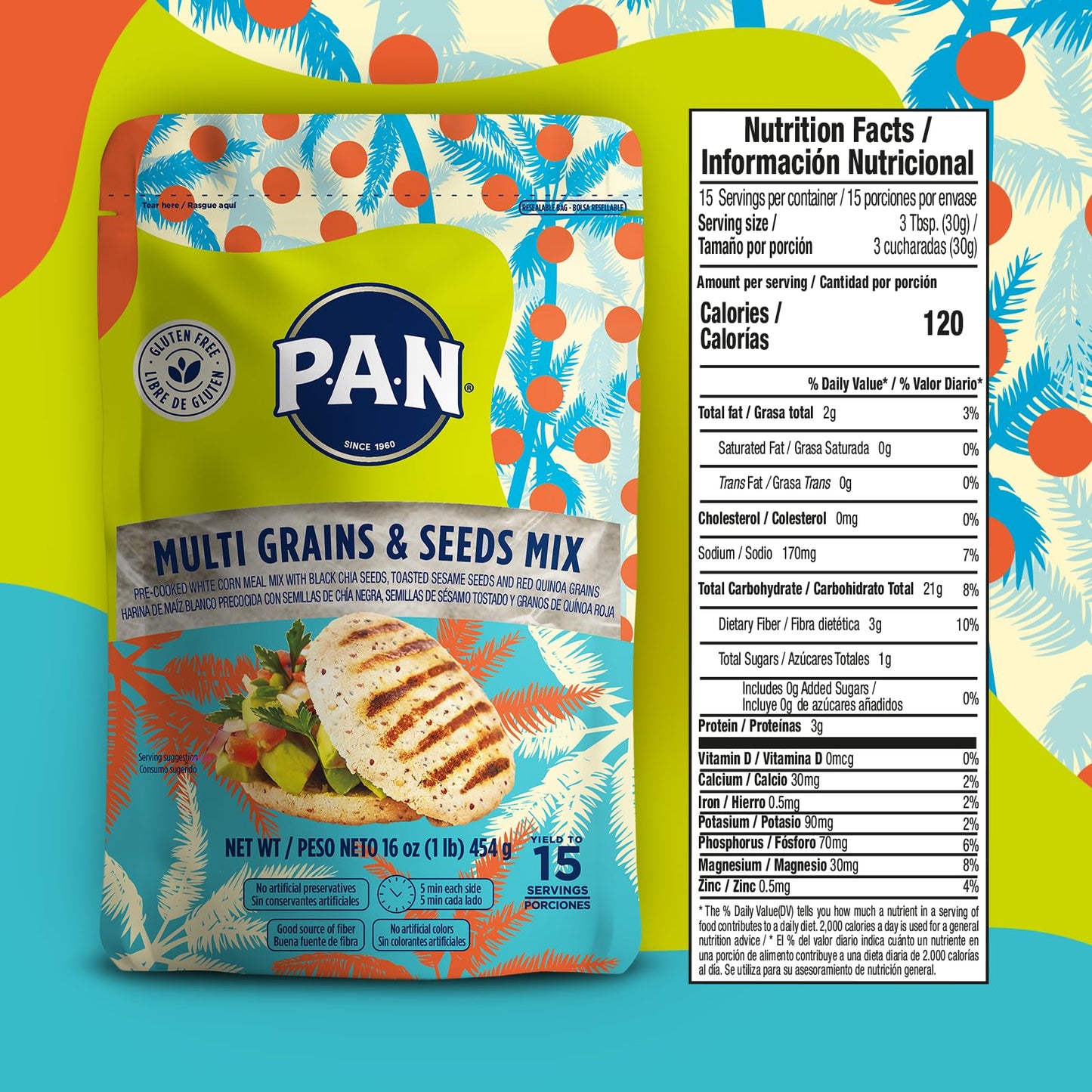 P.A.N. Multi Grains & Seeds Mix, Pre-cooked Gluten Free Flour with Chia, Sesame & Quinoa, 16 oz (Pack of 6)