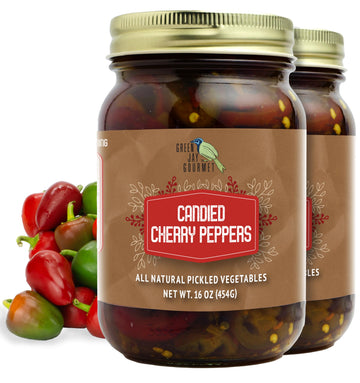 Green Jay Gourmet Pickled Candied Cherry Peppers in a Jar - Fresh Hand Jarred Vegetables for Cooking & Pantry - Pre-Prepared Pic