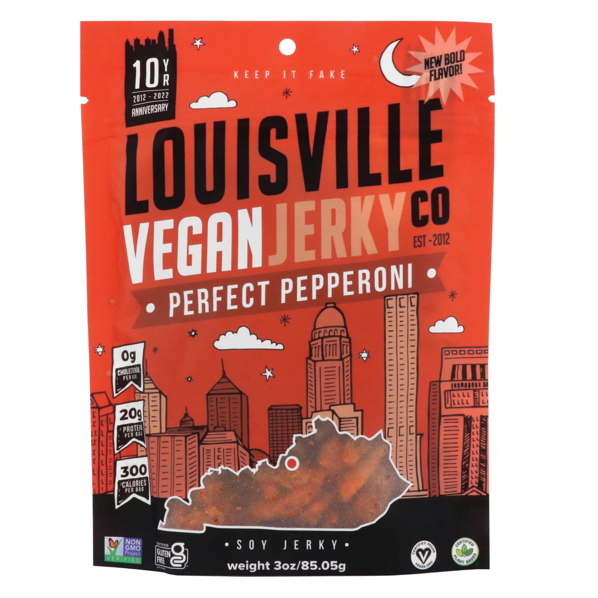 Louisville Vegan Jerky Pepperoni Pizza - Gluten-Free High Protein Snack, 19g Non-GMO Soy Protein, 1 Count, Red