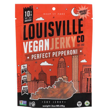 Louisville Vegan Jerky Pepperoni Pizza - Gluten-Free High Protein Snack, 19g Non-GMO Soy Protein, 1 Count, Red