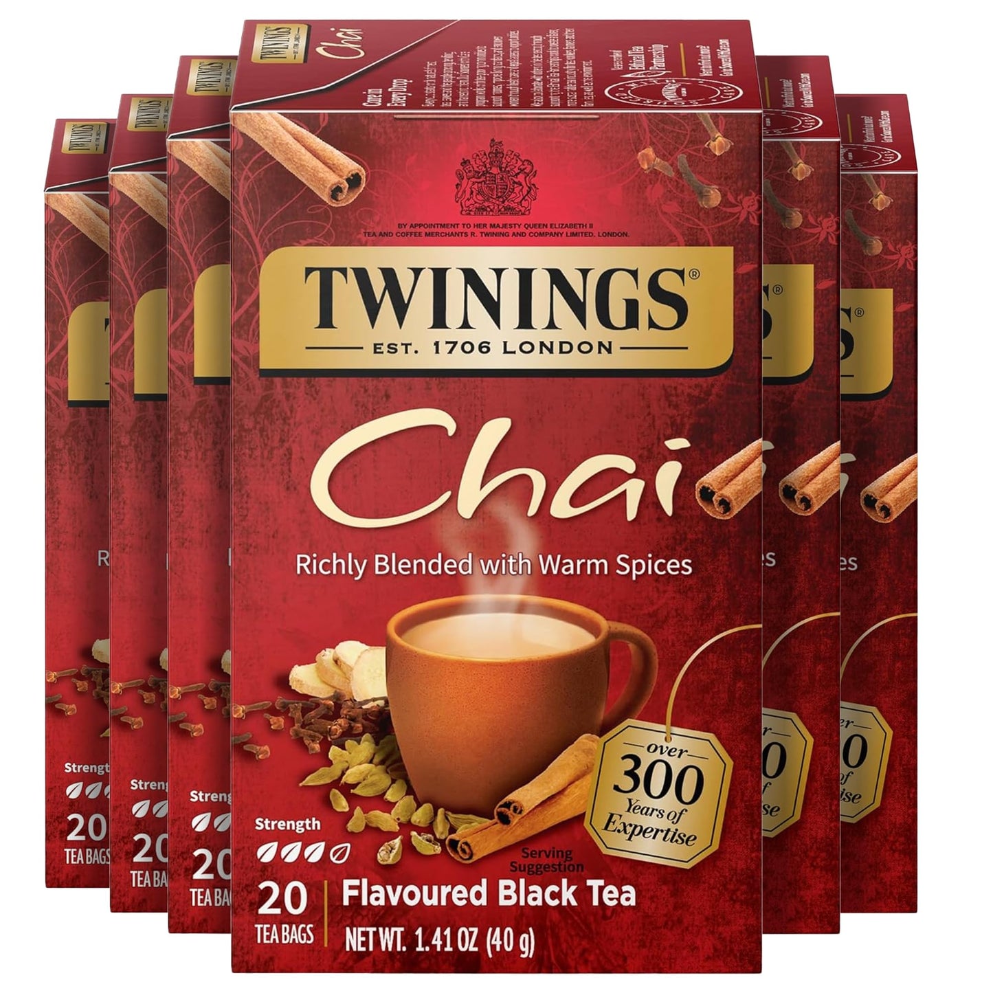 Twinings Chai Black Tea Individually Wrapped Bags, 20 Count (Pack of 6), Sweet, Savoury Spices, Caffeinated, Enjoy Hot or Iced, 