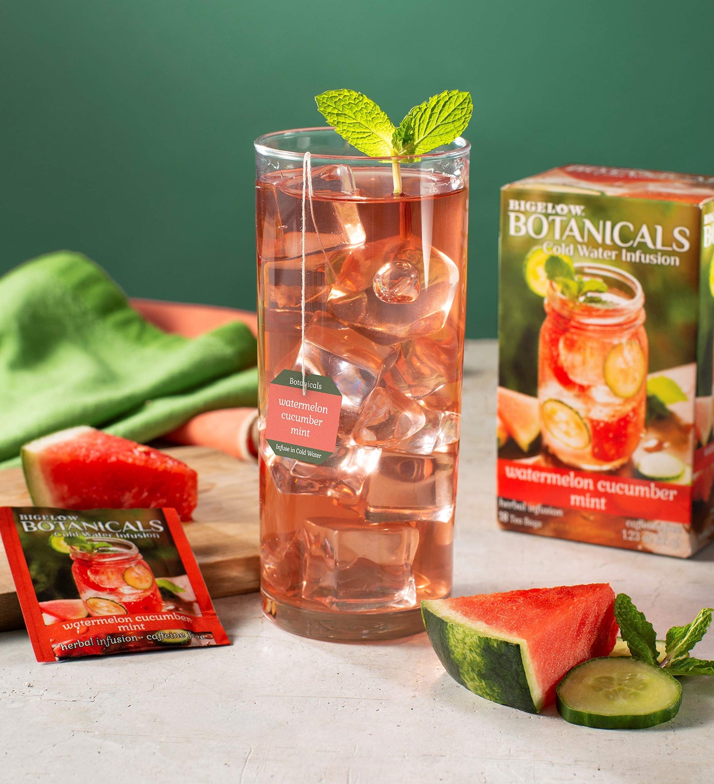 Bigelow Tea Cold Water Infusion Watermelon Cucumber Mint Herbal Tea Bags, 18 Count, Caffeine Free, Model RCB39004