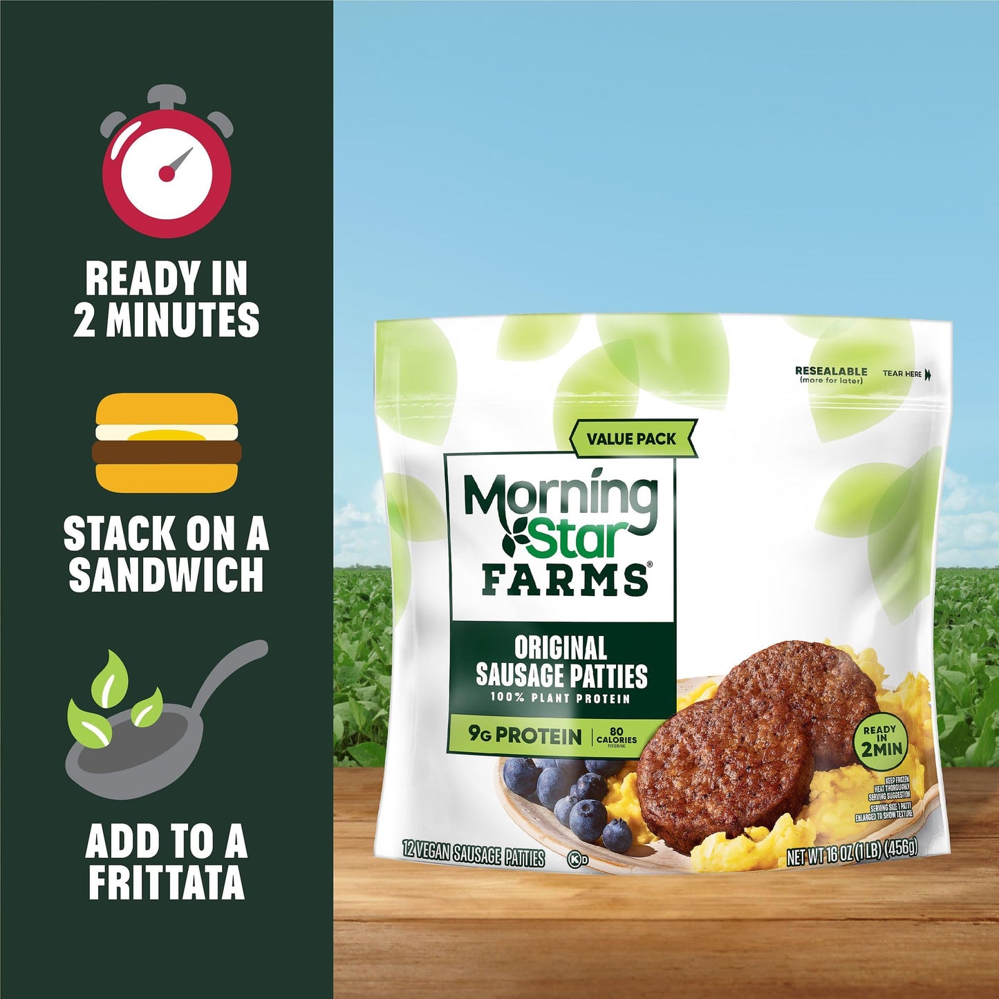MorningStar Farms Plant Based Sausage Patties, Vegan Meat, Value Pack (12 Count)