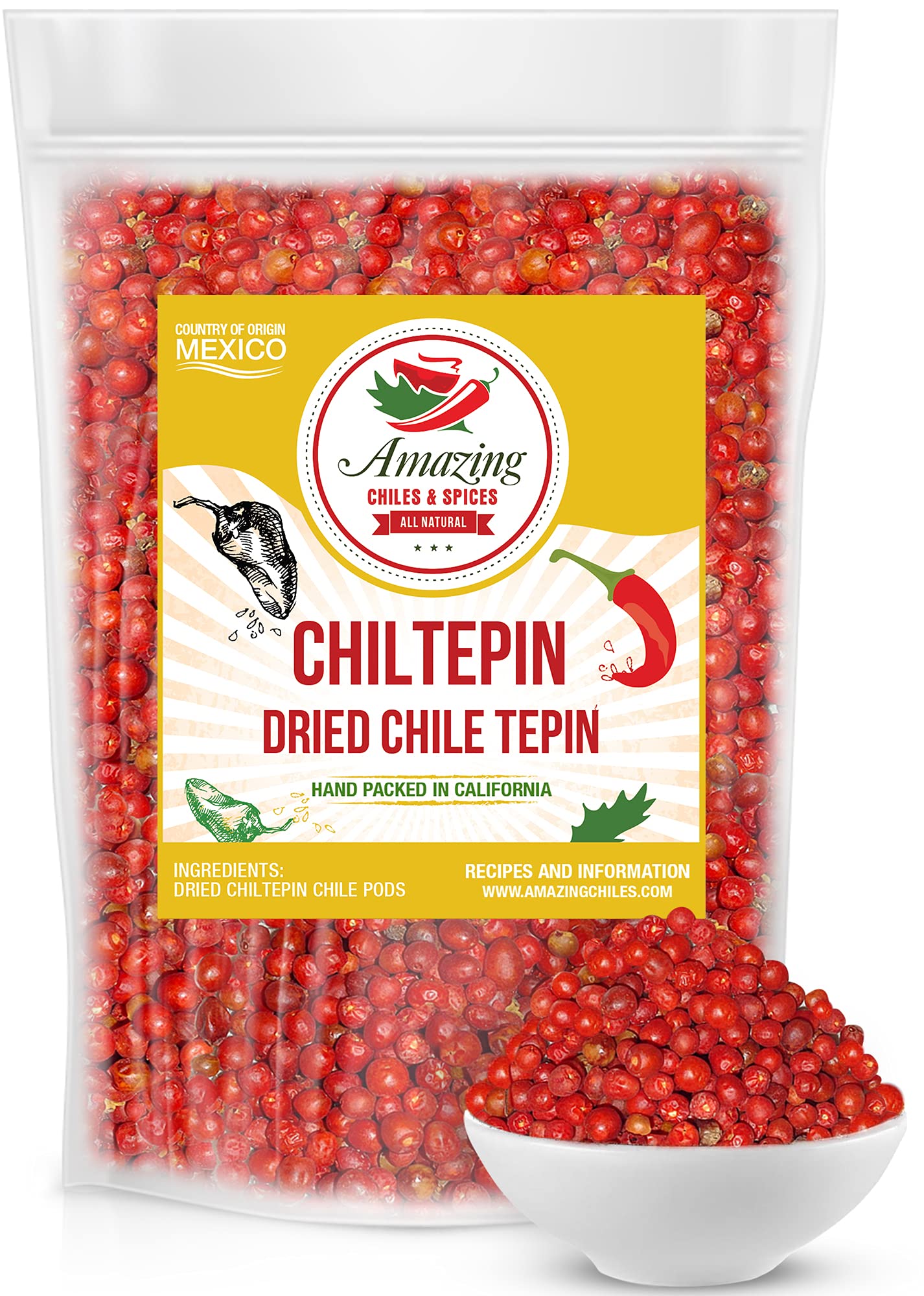 Amazing Chiles & Spices Dried Chiltepin Peppers – 1oz Bag, Very Hot with Smoky Flavor, Resealable Packaging