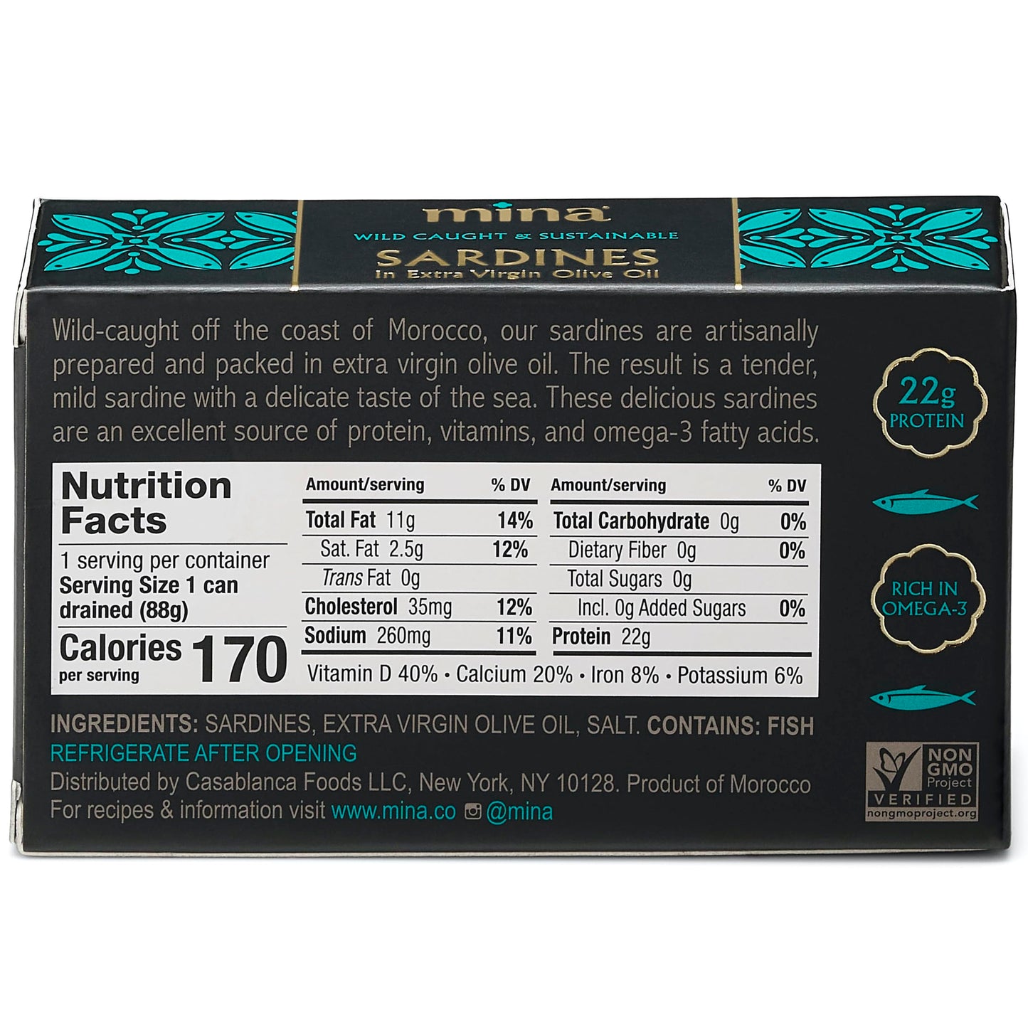 Mina Sardines in Extra Virgin Olive Oil, 4.4 oz, Wild Caught, Low Sodium, High Protein, Keto, Paleo, Pack of 12