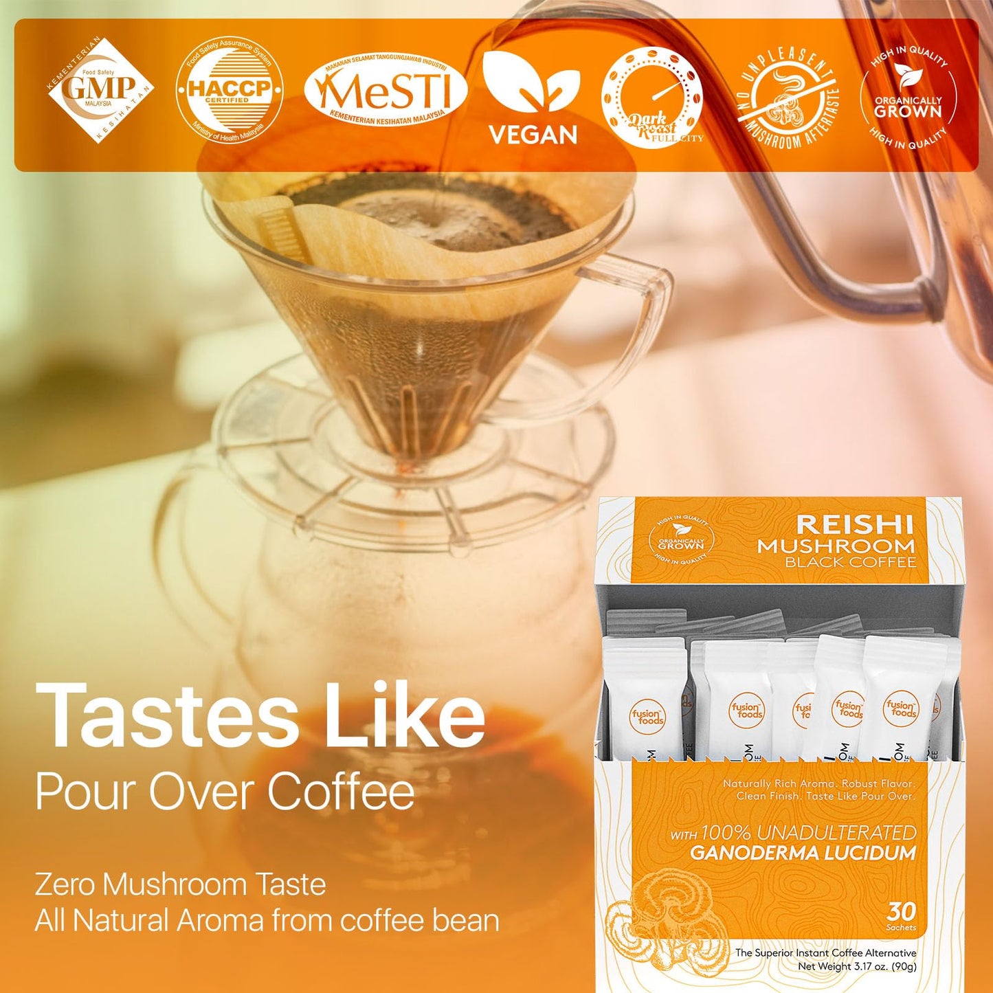 Reishi Mushroom Black Coffee By Fusion Foods™ | All Natural Unadulterated Reishi Mushroom Ganoderma | Robust Aroma & Taste - 30 Counts