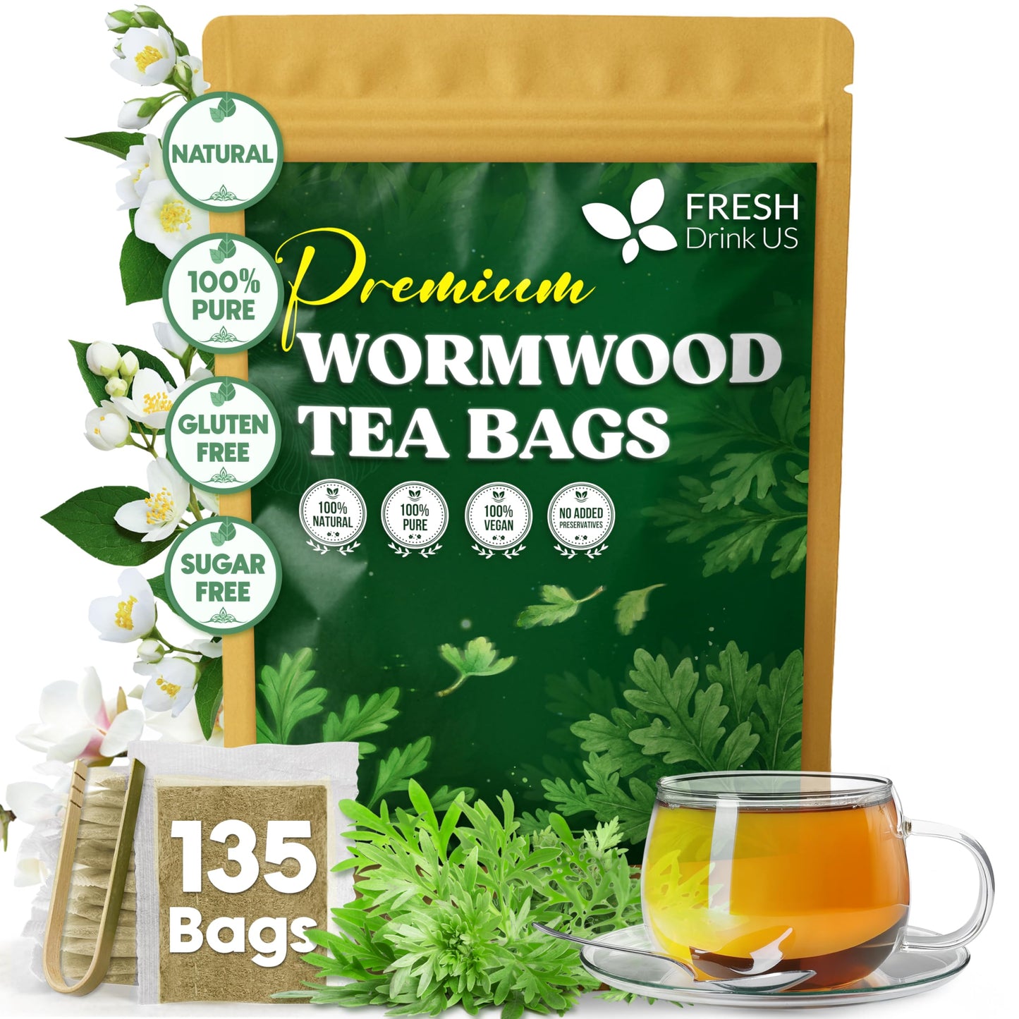 Freshdrinkus  Top-Grade Wormwood Tea - 135 Tea Bags - Handcrafted Herbal Blend  Energy Blend-Free - Smooth Taste & Naturally Refreshing.