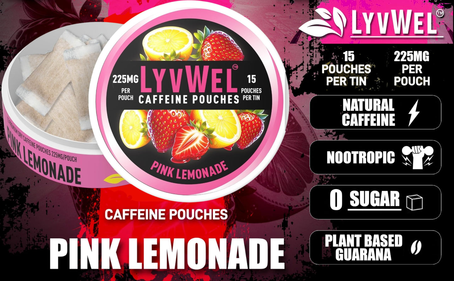 Lyvwel Ultra Caffeine Pouch – Pink Lemonade – 225Mg Natural Caffeine With Guarana – Tart, Refreshing Energy For Focus & Endurance – 1-Pack (15 Pouches)