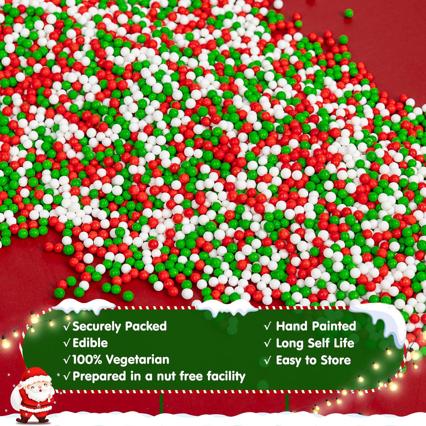 Christmas Nonpareils Sprinkles for Cake Decorating,130g White Red and Green Mini Pearls Mix,Edible Sugar Holiday sprinkle for Cu