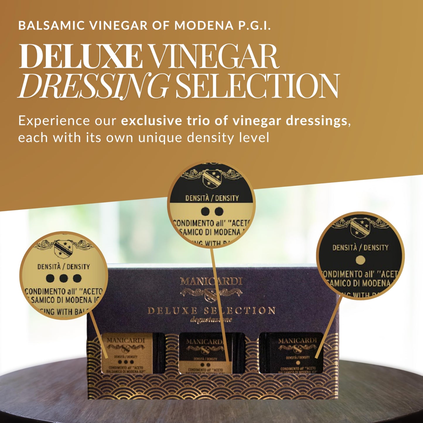 Manicardi Set Of 3 Condimenti With Balsamic Vinegar Of Modena Pgi - Selected With Three Different Degrees Of Density - Made In I