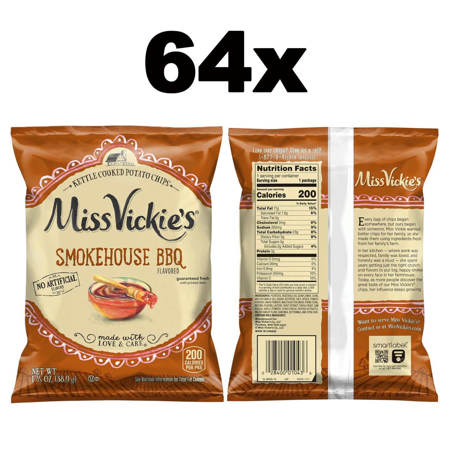 Miss Vickie's Kettle Cooked Potato Chips, Smokehouse BBQ, 1.375 oz (Pack of 64) - Crunchy Snack with Bold Flavor