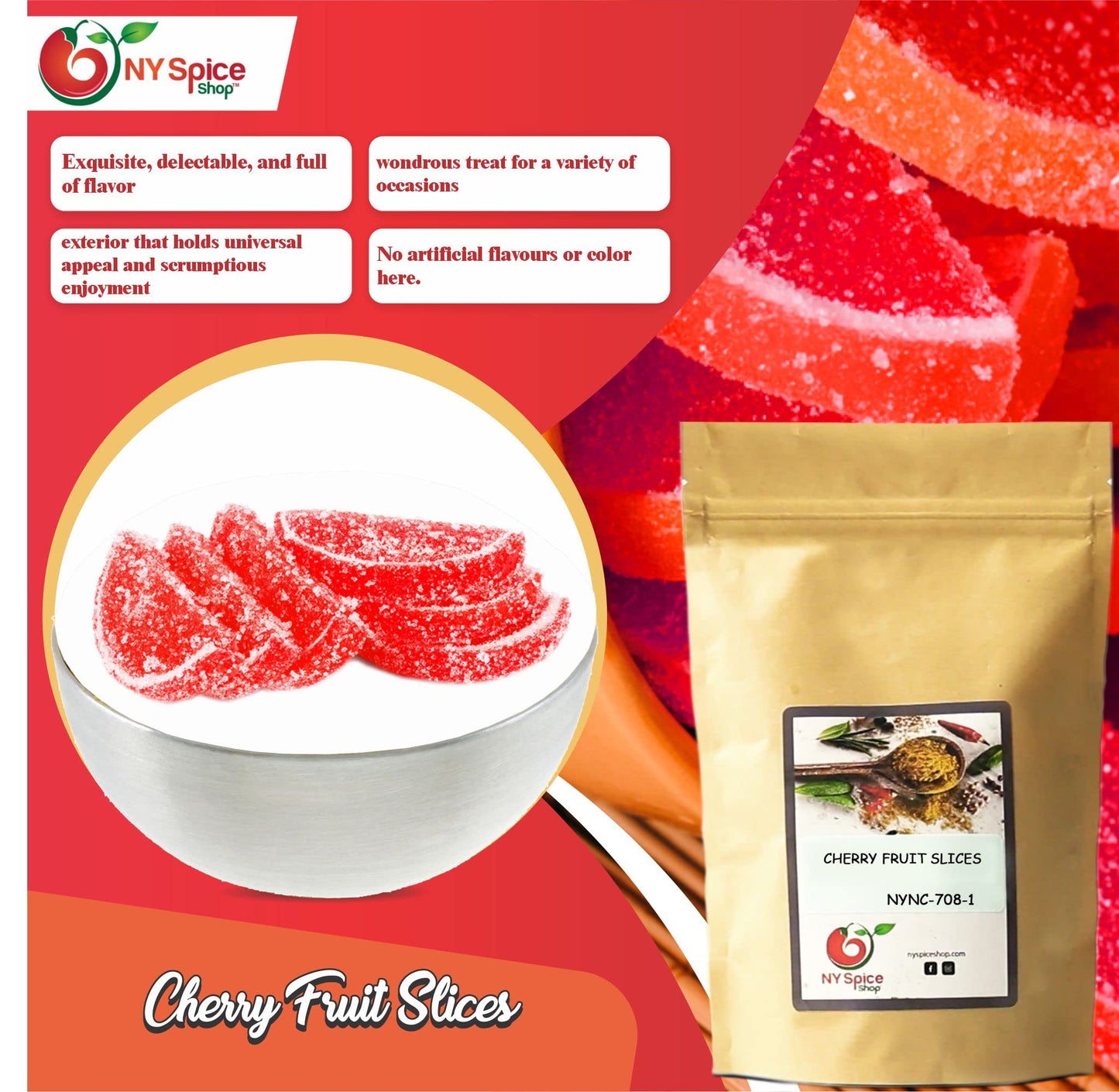 Ny Spice Shop Fruit Slices Jelly Candy - 1 Pound Cherry Candied Fruit - Fruit Candy Slices - Bulk Gummy Candy Slices - Old Fashi