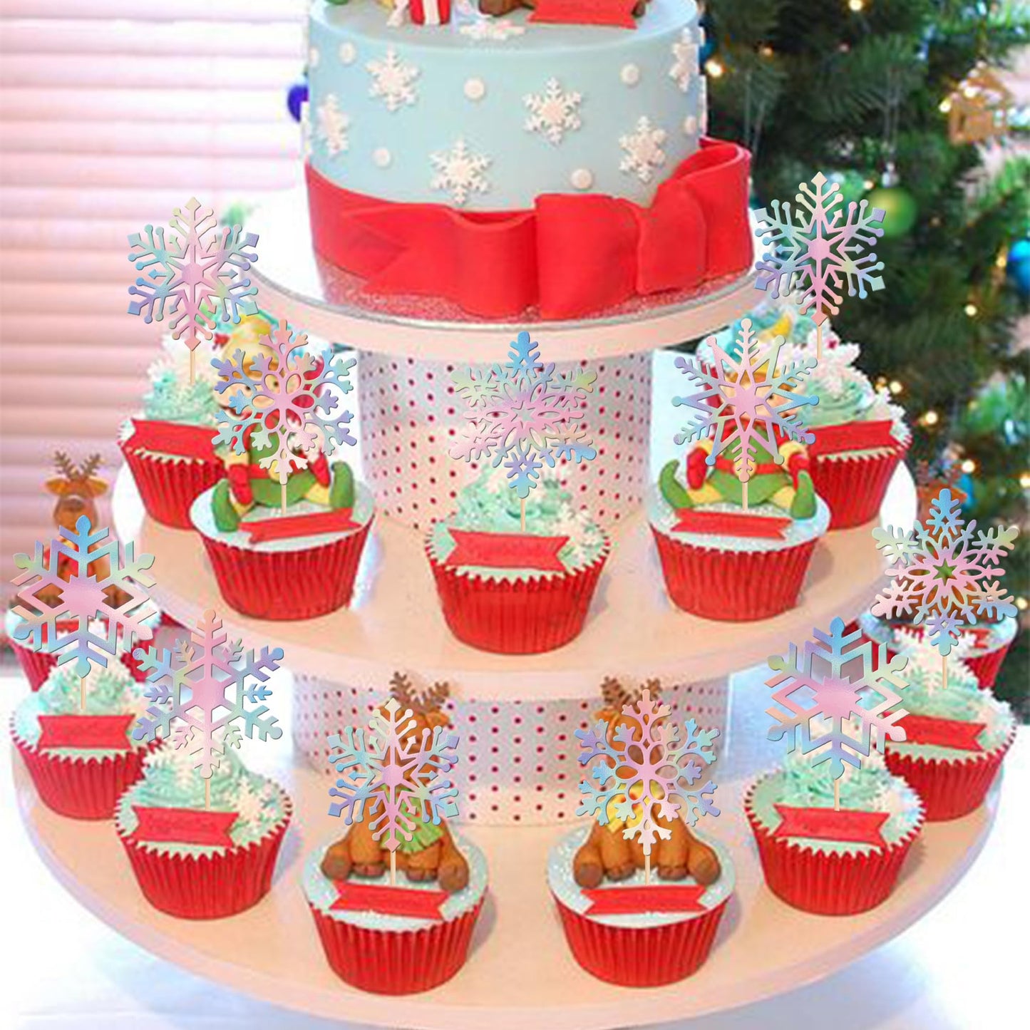ZHUOWEISM Snowflake Cupcake Toppers - 36 PCS Glitter Winter Theme Picks, Small, Bamboo, Blue