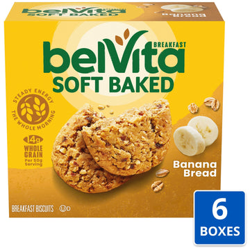 Belvita Soft Baked Banana Bread Breakfast Biscuits, 30 Total Packs, 6 Boxes (1 Biscuit Per Pack)