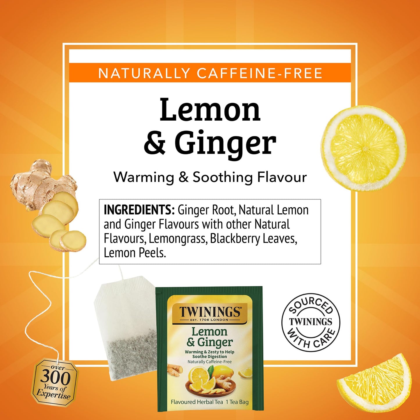 Twinings Herbal Tea - Lemon & Ginger, 100 Individually Wrapped Bags, Naturally Caffeine Free