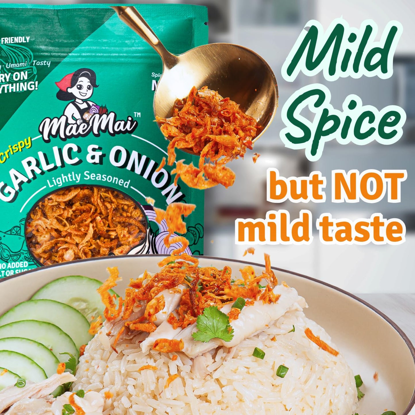 MaeMai Chili Crisp - MILD Spice, Premium Onion & Garlic Flakes, 9.52 oz (3-PACK), Keto, Vegan, Gluten-Free Seasoning