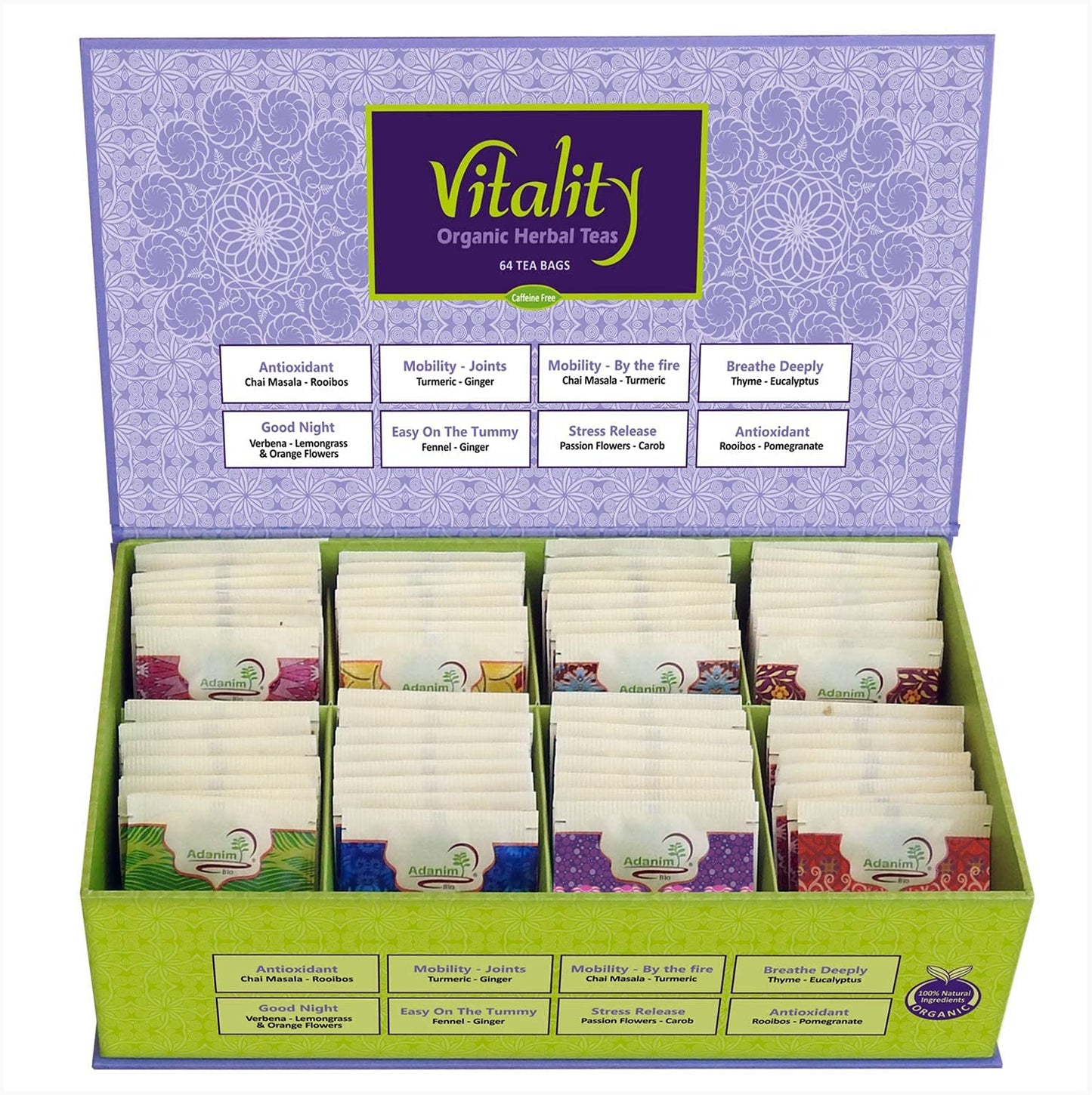 ADANIM BIO Organic Tea Sampler Gift Set - 8 Herbal Flavors, Caffeine Free, 64 Individual Tea Bags, Assorted Tea Set