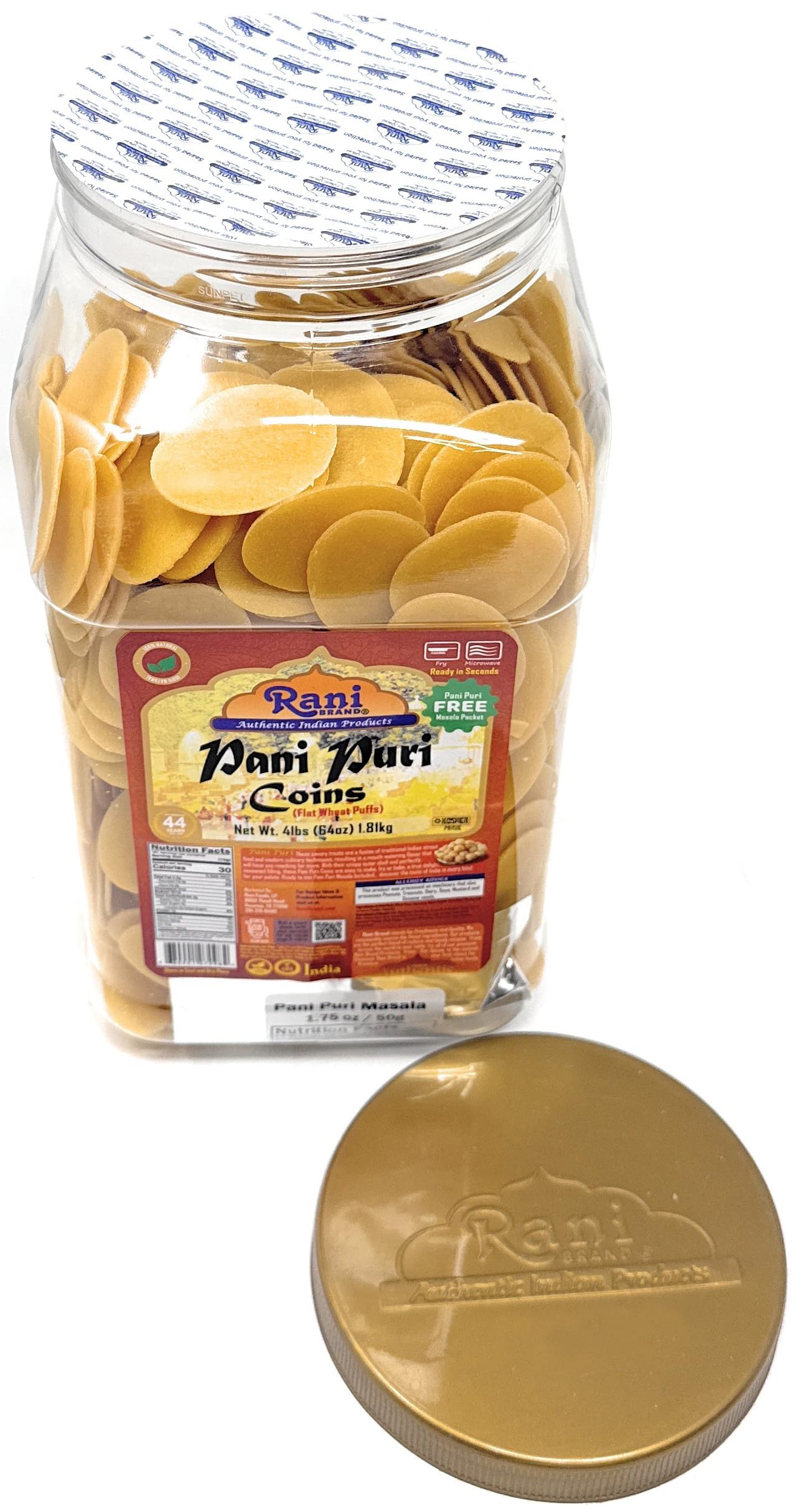 Rani Pani Puri Coins (Uncooked, Microwaveable Wheat Semolina Coins) 64Oz (4Lbs) W/Pani Puri Masala (14-Spice Blend For Indian Sp
