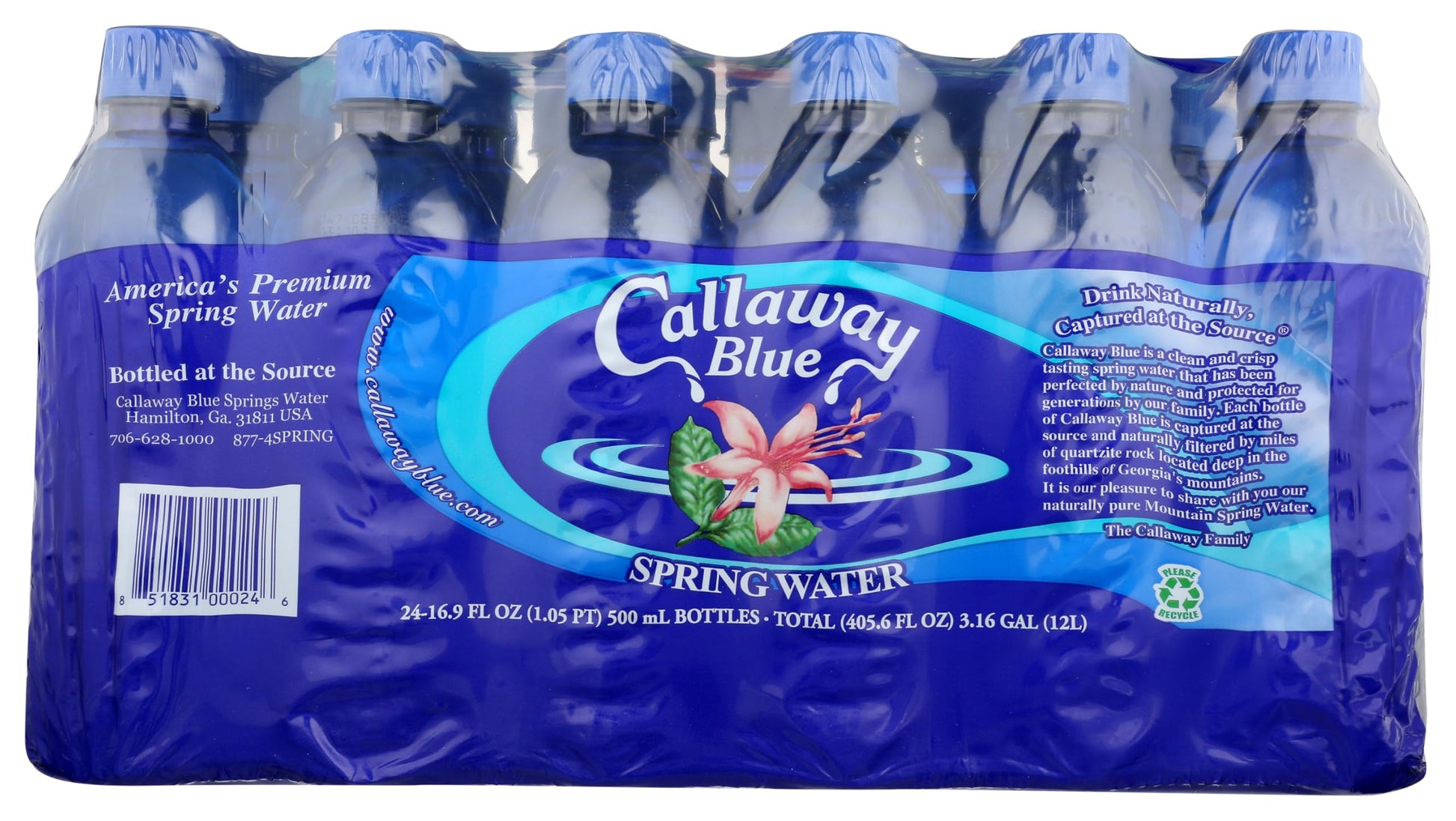 CALLAWAY BLUE Spring Water, 0.5 Liter (Pack of 24)