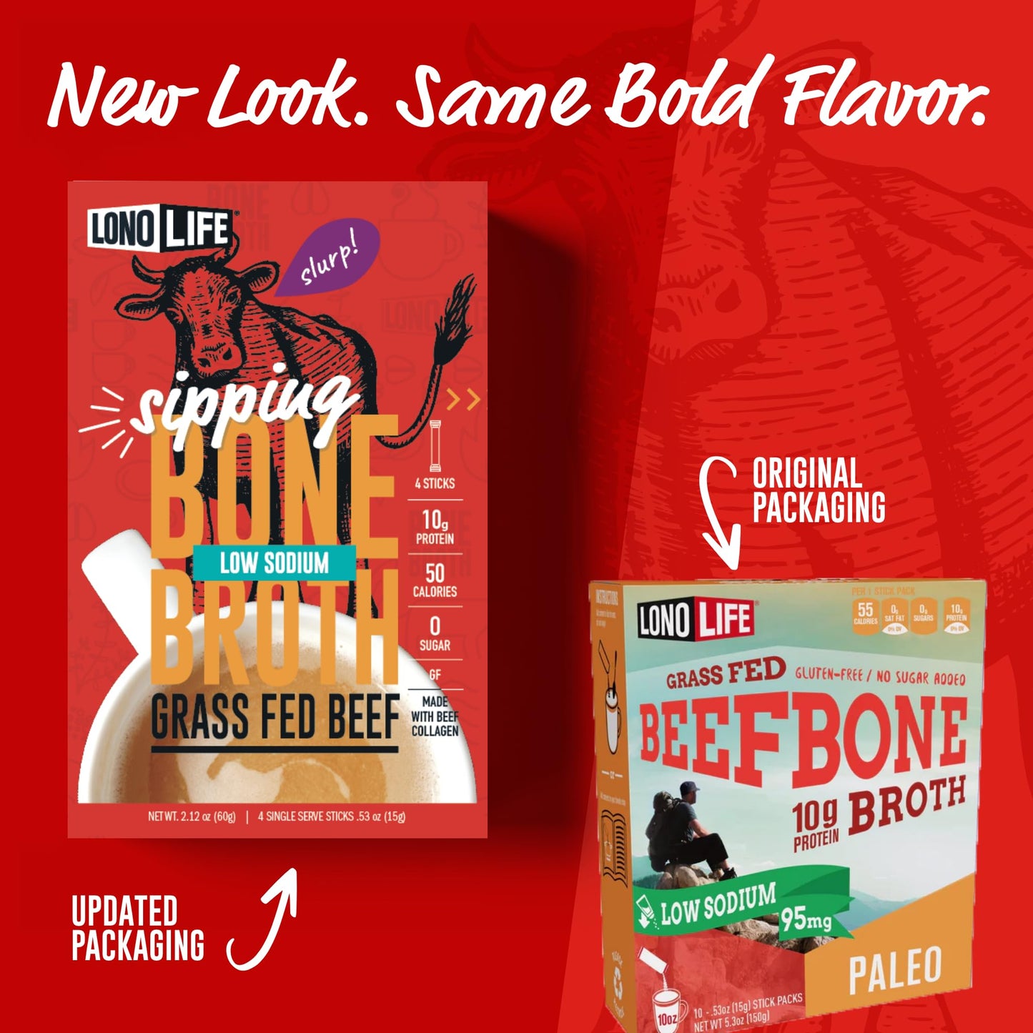 LonoLife Beef Bone Broth Powder Mix | Low Sodium, Collagen-Rich, Grass-Fed | 4 Count Stick Packs