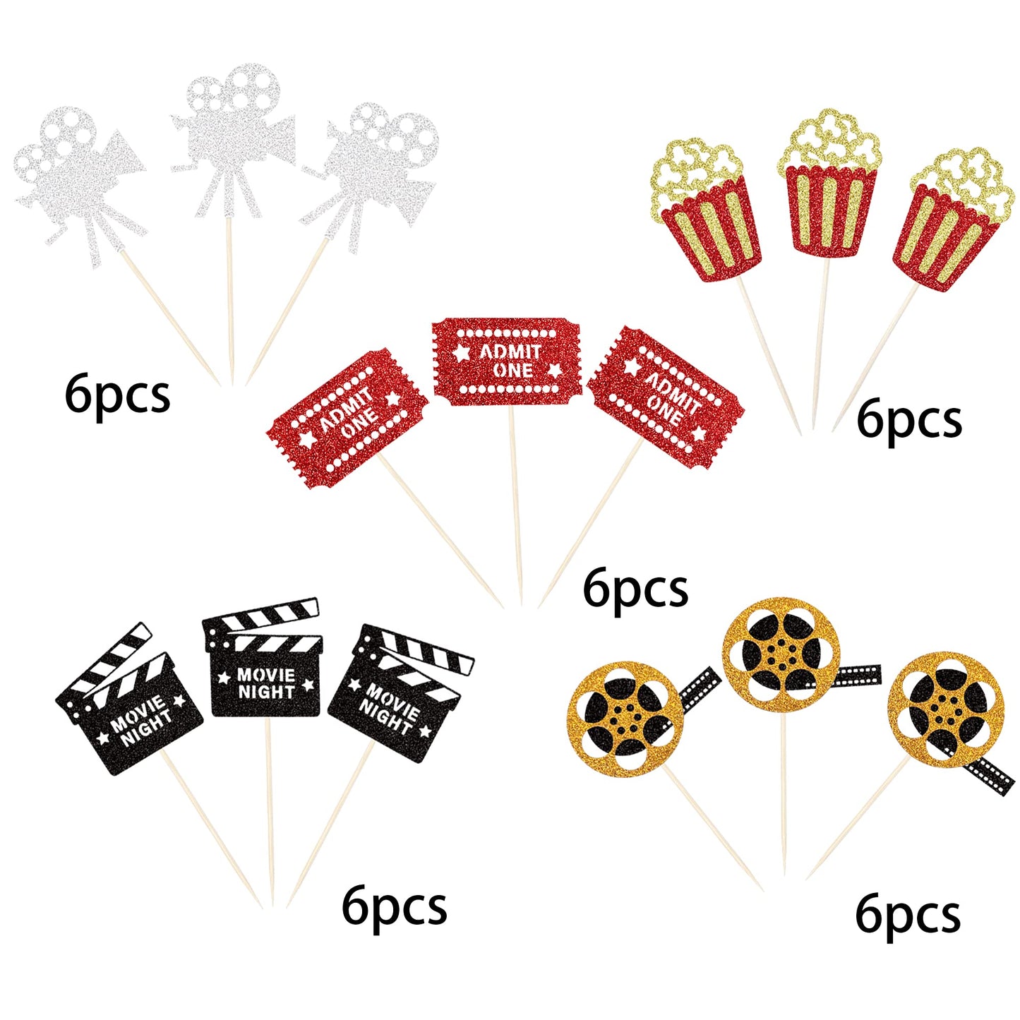 30 Pcs Movie Cupcake Toppers Glitter Movie Night Roll Camera Popcorn Cupcake Picks For Hollywood Theme Baby Shower Kids Birthday