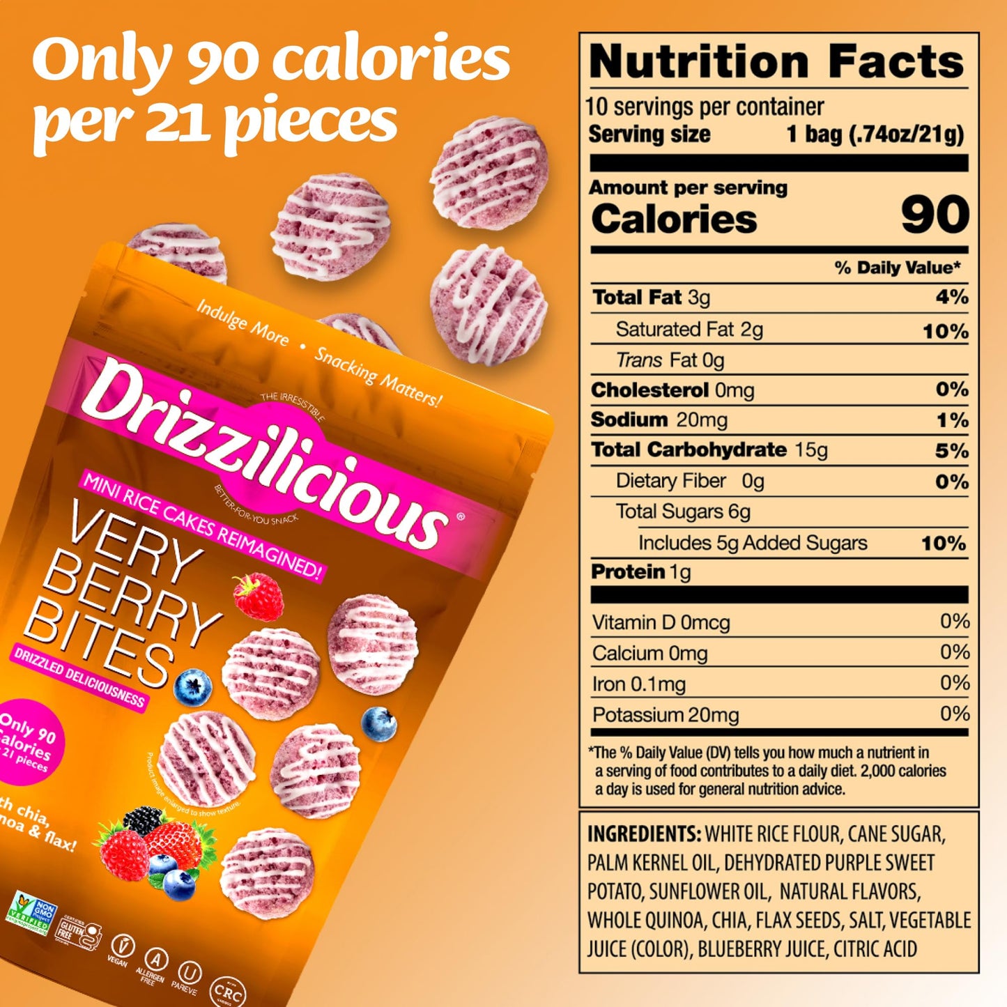 Drizzilicious Mini Rice Cakes Very Berry, Vegan, Gluten Free, 4 oz Pack