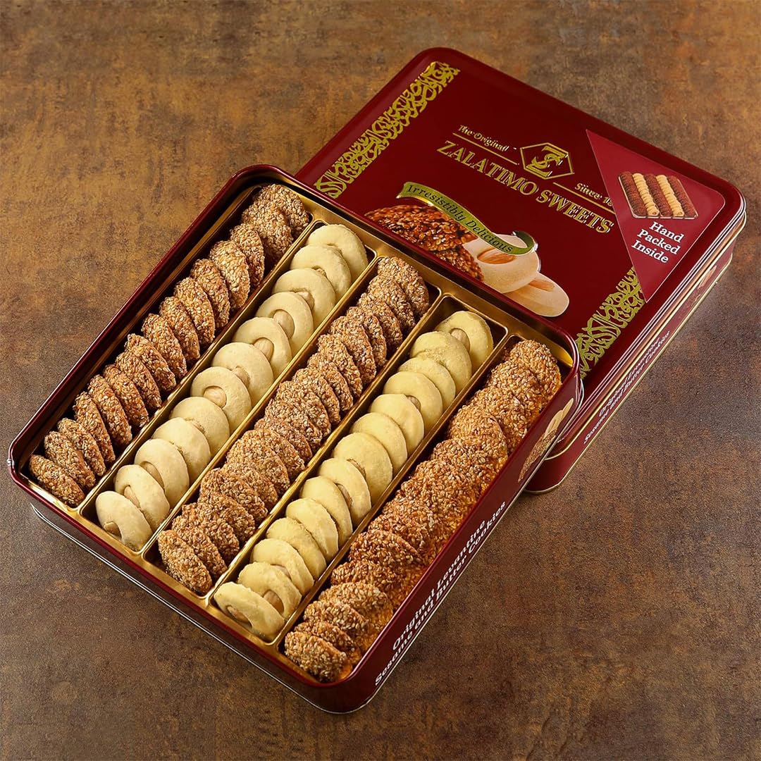 Zalatimo Sweets Since 1860, 100% All Natural Sesame & Butter Shortbread Cookies, Square Metal Gift Tin, Slightly Sweet Cookies With No Preservatives, No Additives, No Corn Starch, No Syrups! 1.4Lbs