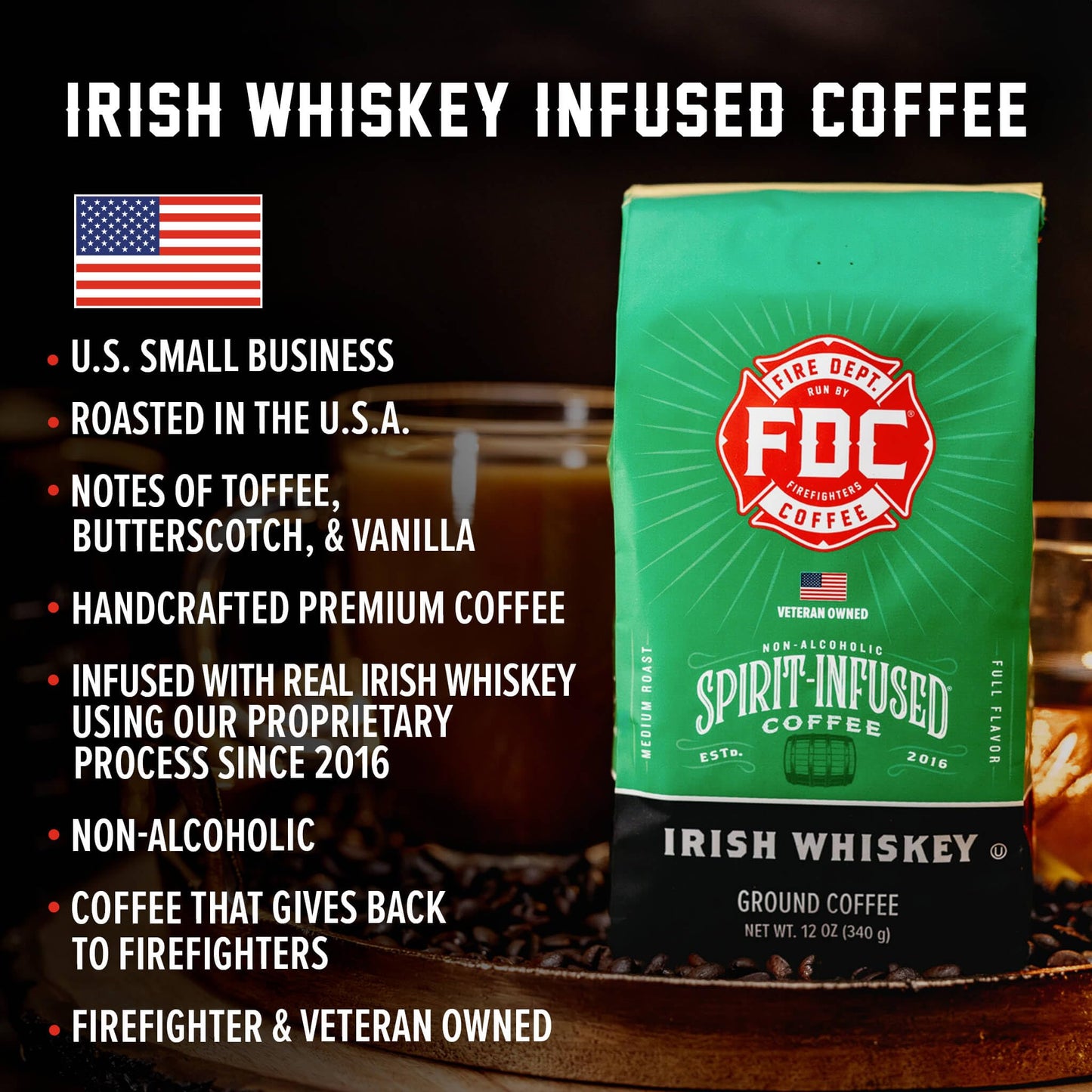 Fire Department Coffee Irish spirit-inspired flavor Infused Medium Roast Coffee Beans 12 oz, Pack of 2