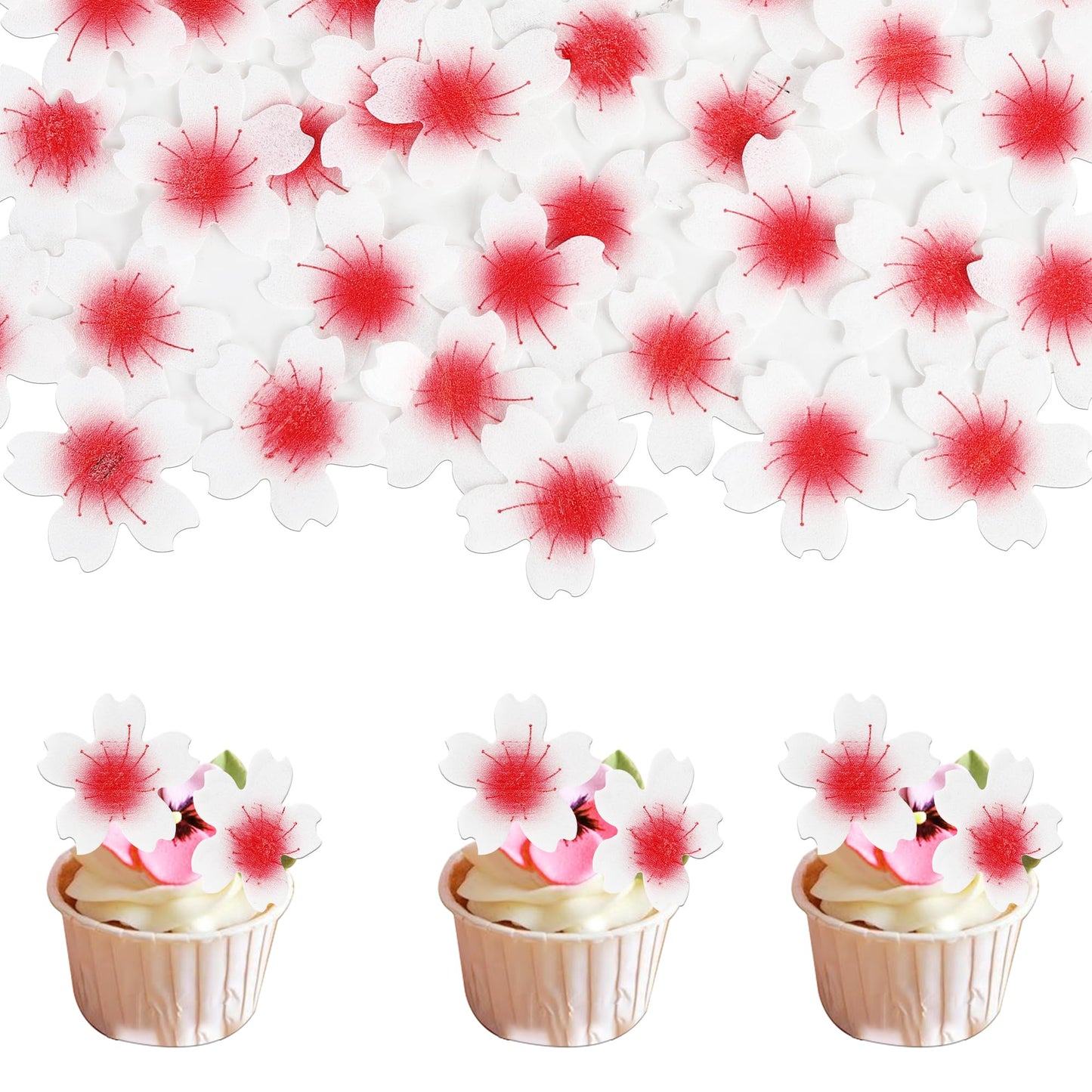 Rsstarxi 100 Pack Edible Cherry Blossom Cake Decorations, Wafer Paper Cupcake Toppers, Design 11