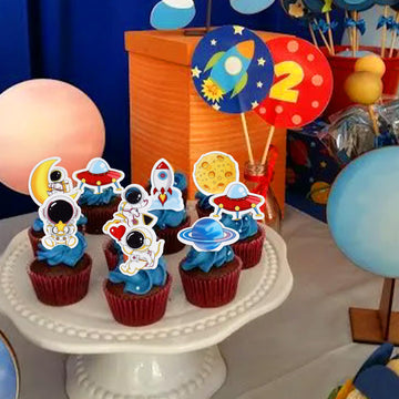 Cyodoos 40Pcs Edible Outer Space Cupcake Toppers Space Astronaut Cupcake Picks Rocket Planet Trip To The Moon Cake Decoration Fo