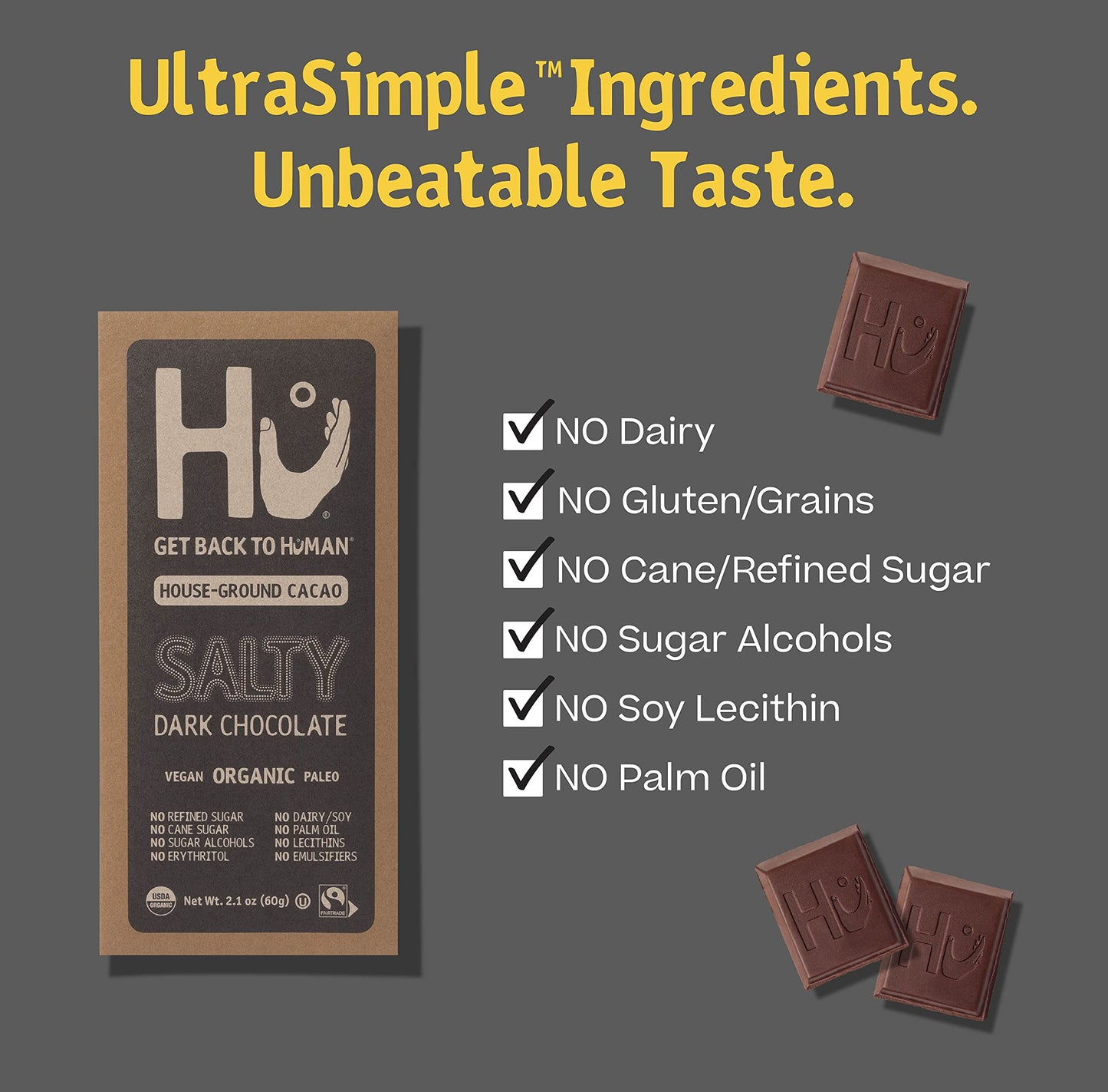 Hu Chocolate Bars | 12 Pack Salty Chocolate | Natural Organic Vegan, Gluten Free, Paleo, Non Gmo, Fair Trade Dark Chocolate | 2.
