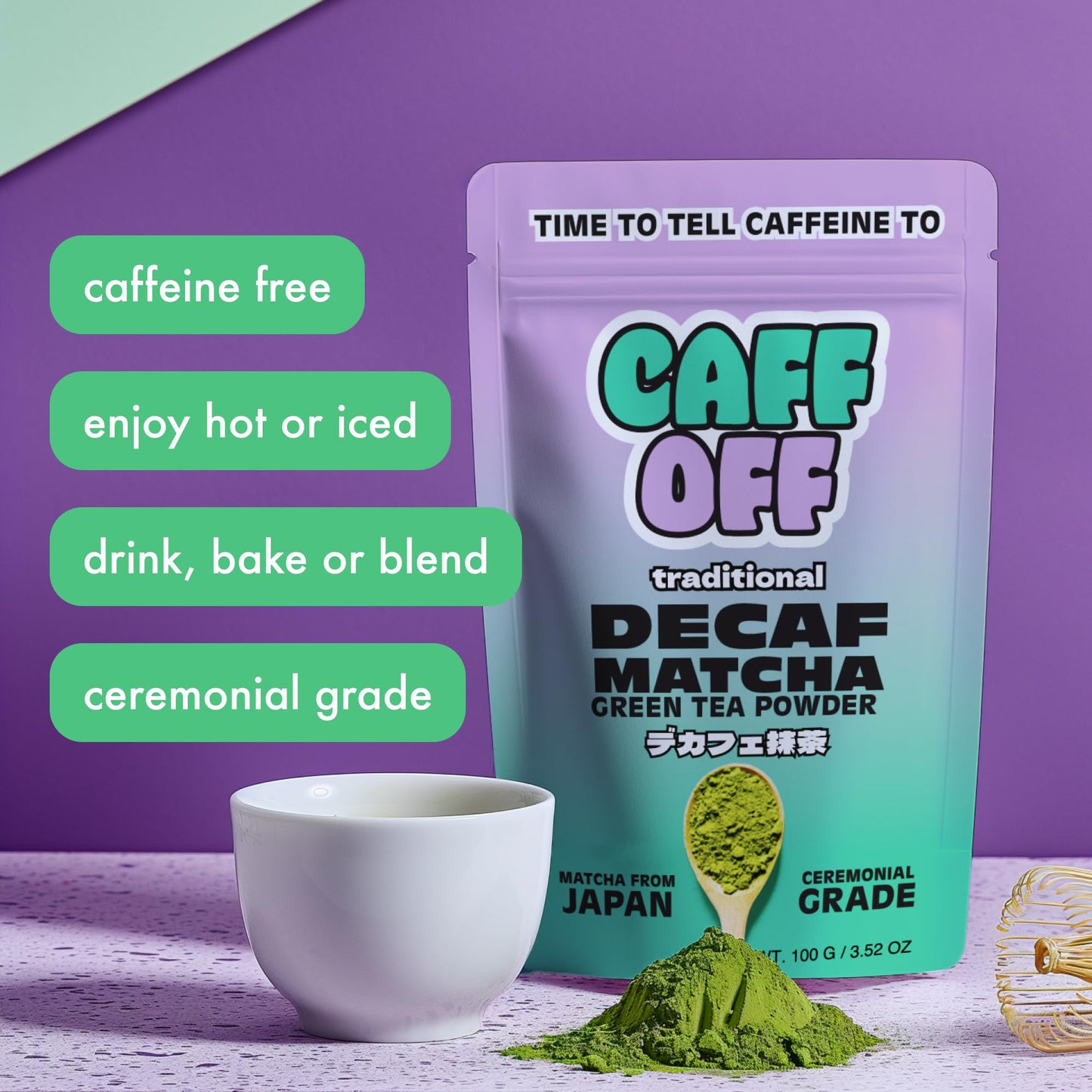 Caff Off Decaf Matcha Green Tea Powder - Ceremonial Grade, Naturally Decaffeinated, 3.52 oz