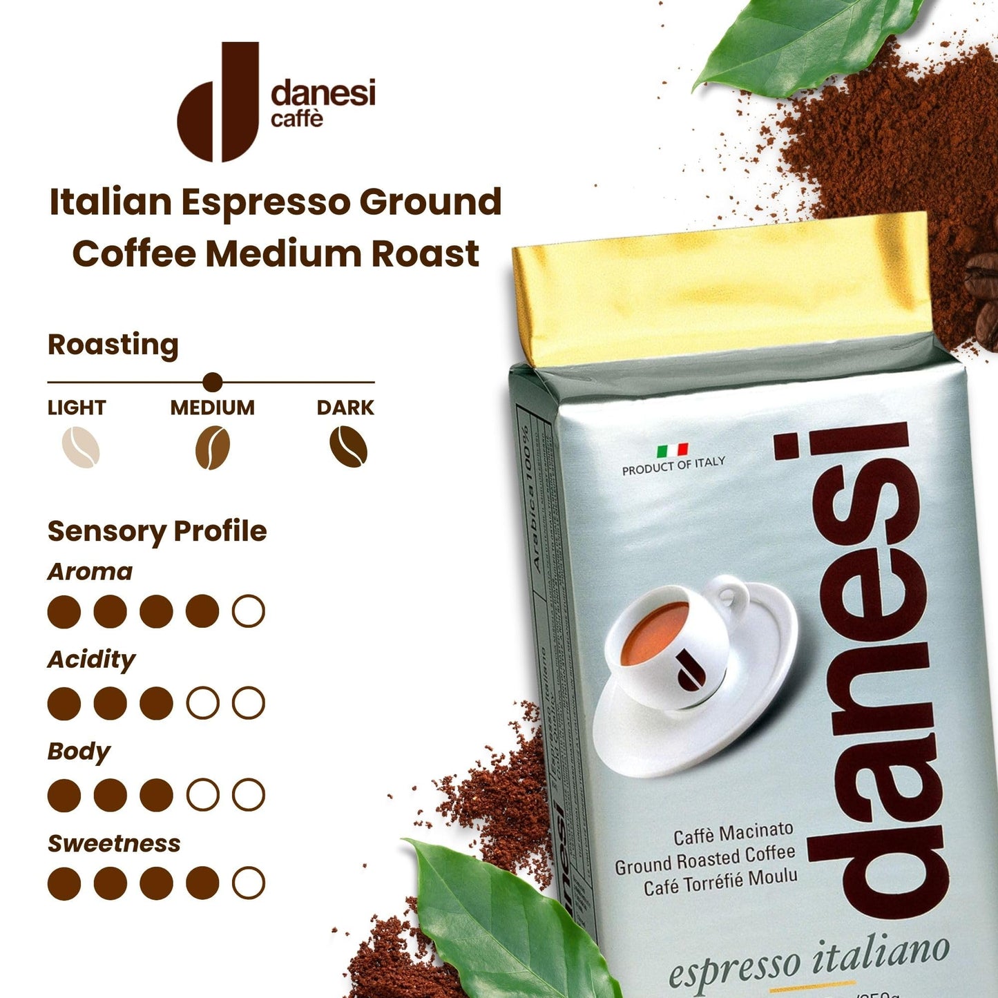 D DANESI CAFFÈ Italian Ground Coffee - Fine Ground Medium Roast for Moka Pot, French Press - 8.75 oz, Pack of 1